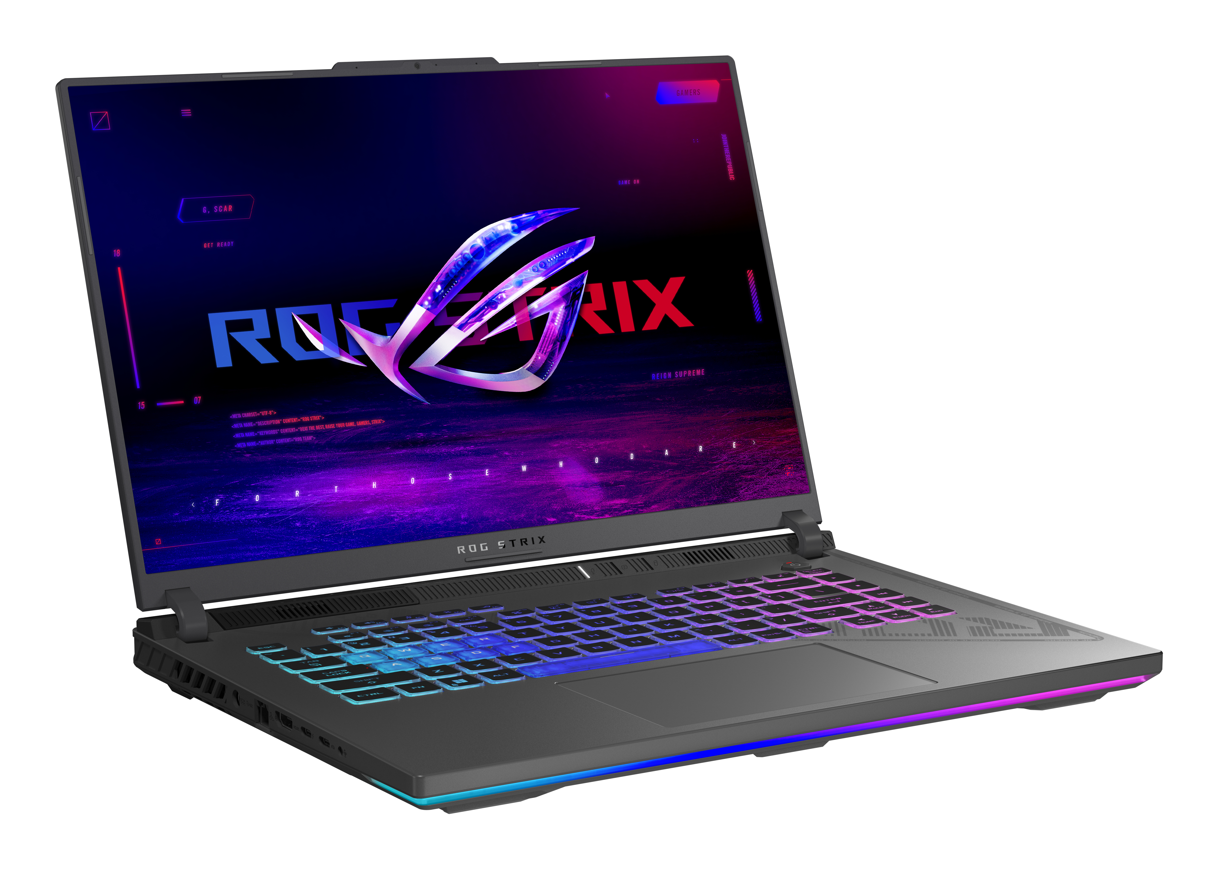 Black and gray laptop displaying a colorful ROG screen.