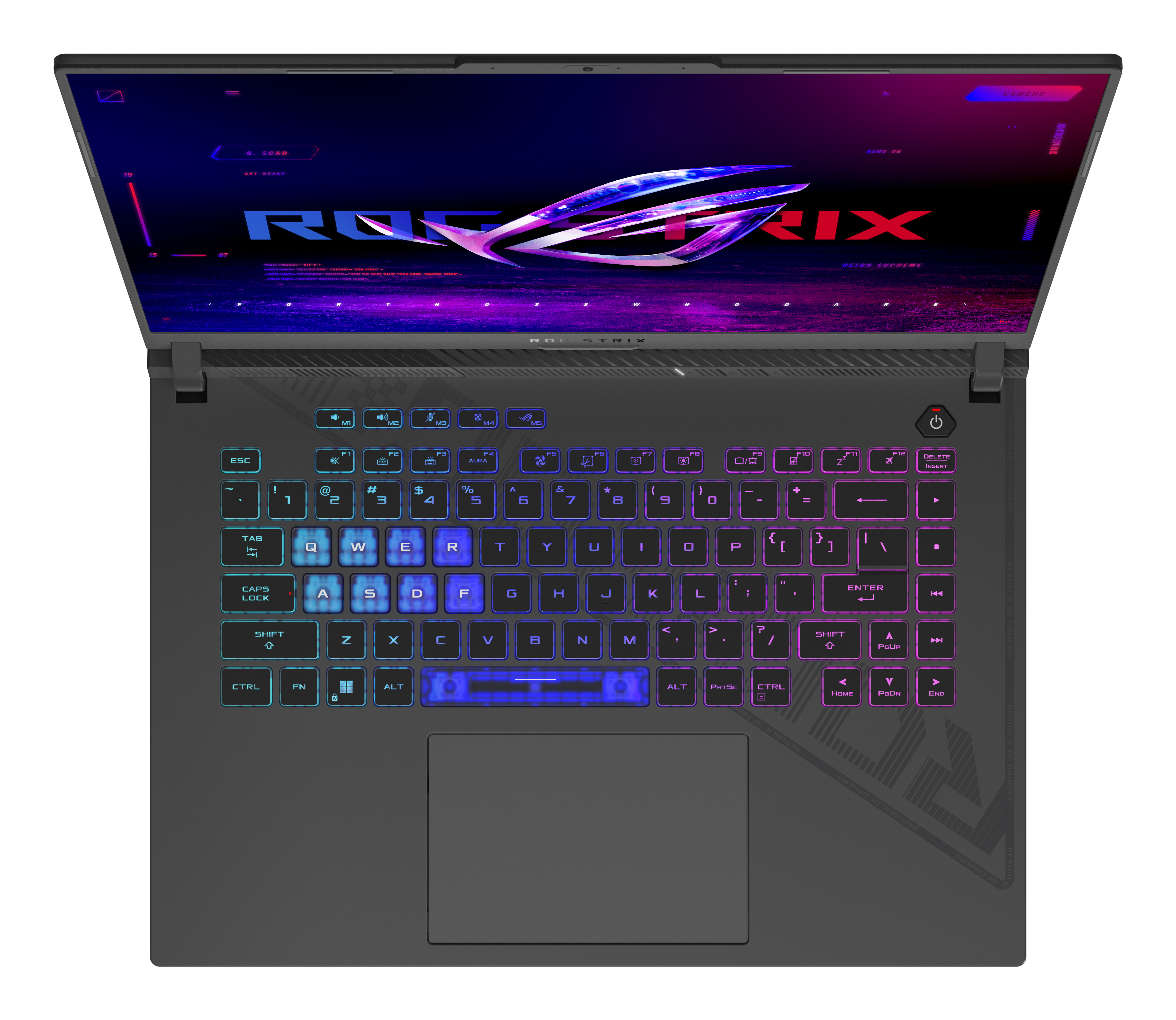 Schwarzer Laptop mit offenem Deckel. Tastatur sichtbar. Der Bildschirm zeigt das ROG Strix Logo und Design.