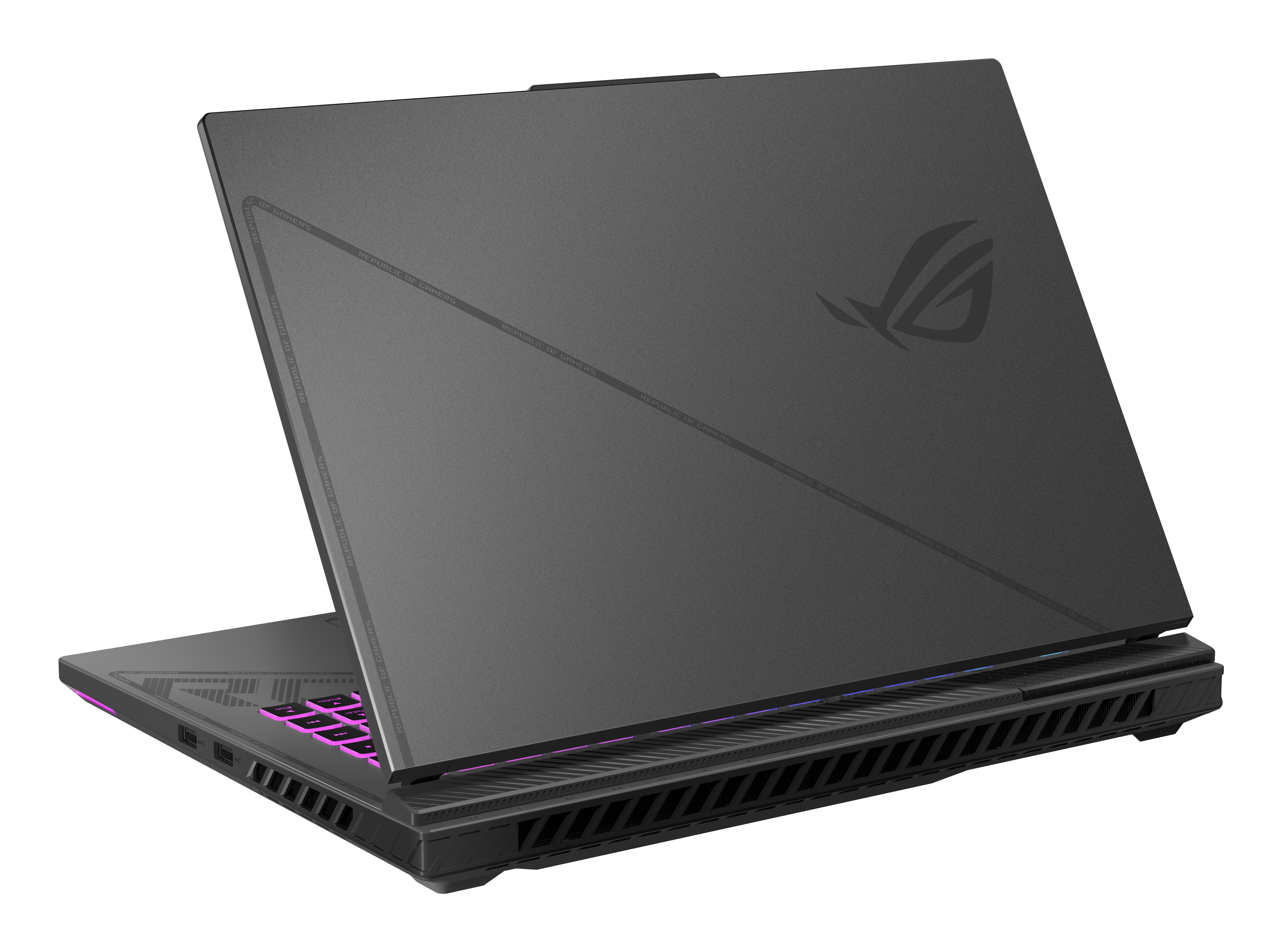 Grauer Laptop, Rückansicht, angewinkelt. Zeigt Rückseite mit Logo und Design. Weißer Hintergrund, geöffnet.
