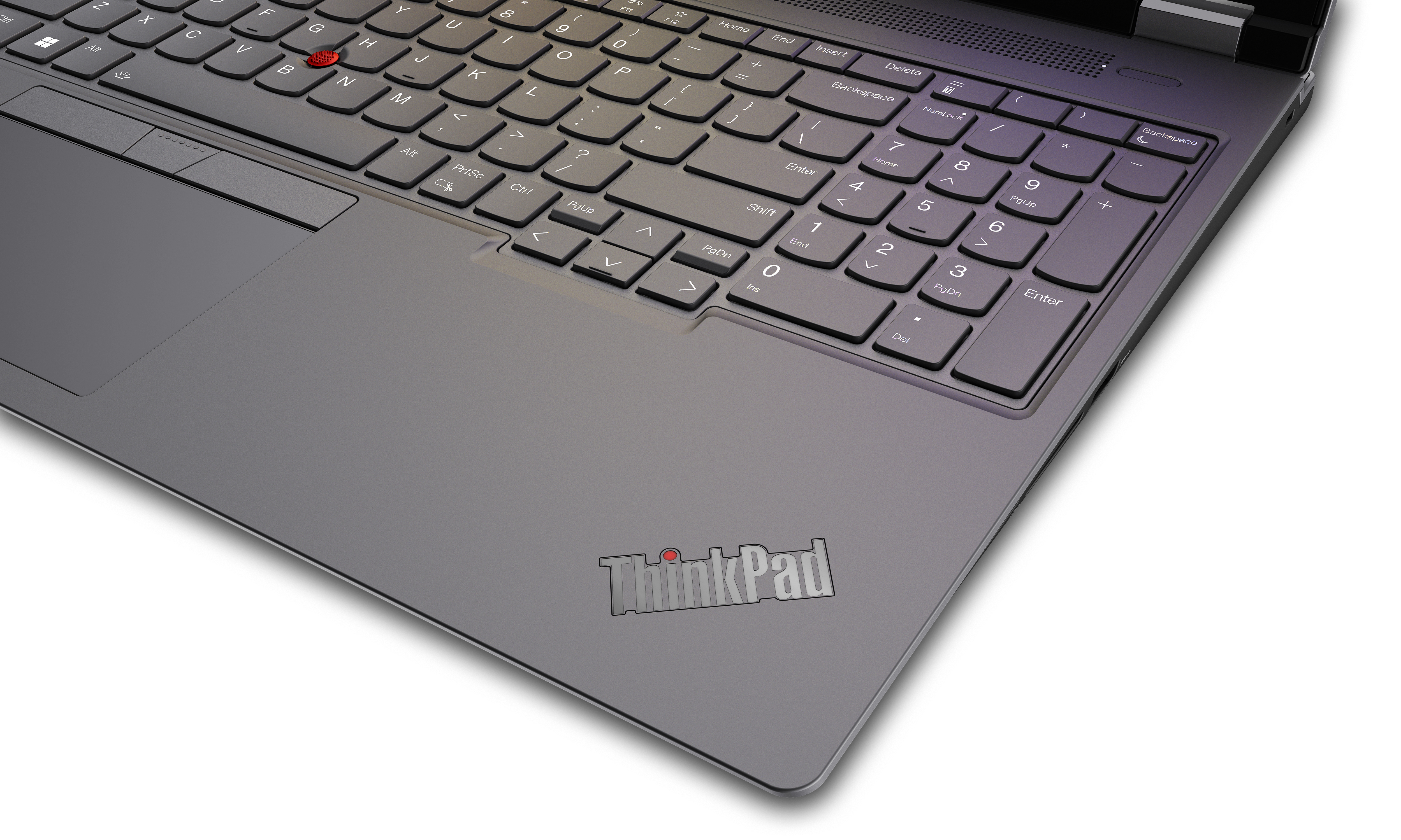 Zbliżenie klawiatury laptopa ThinkPad, pokazujące klawisze i logo ThinkPad.