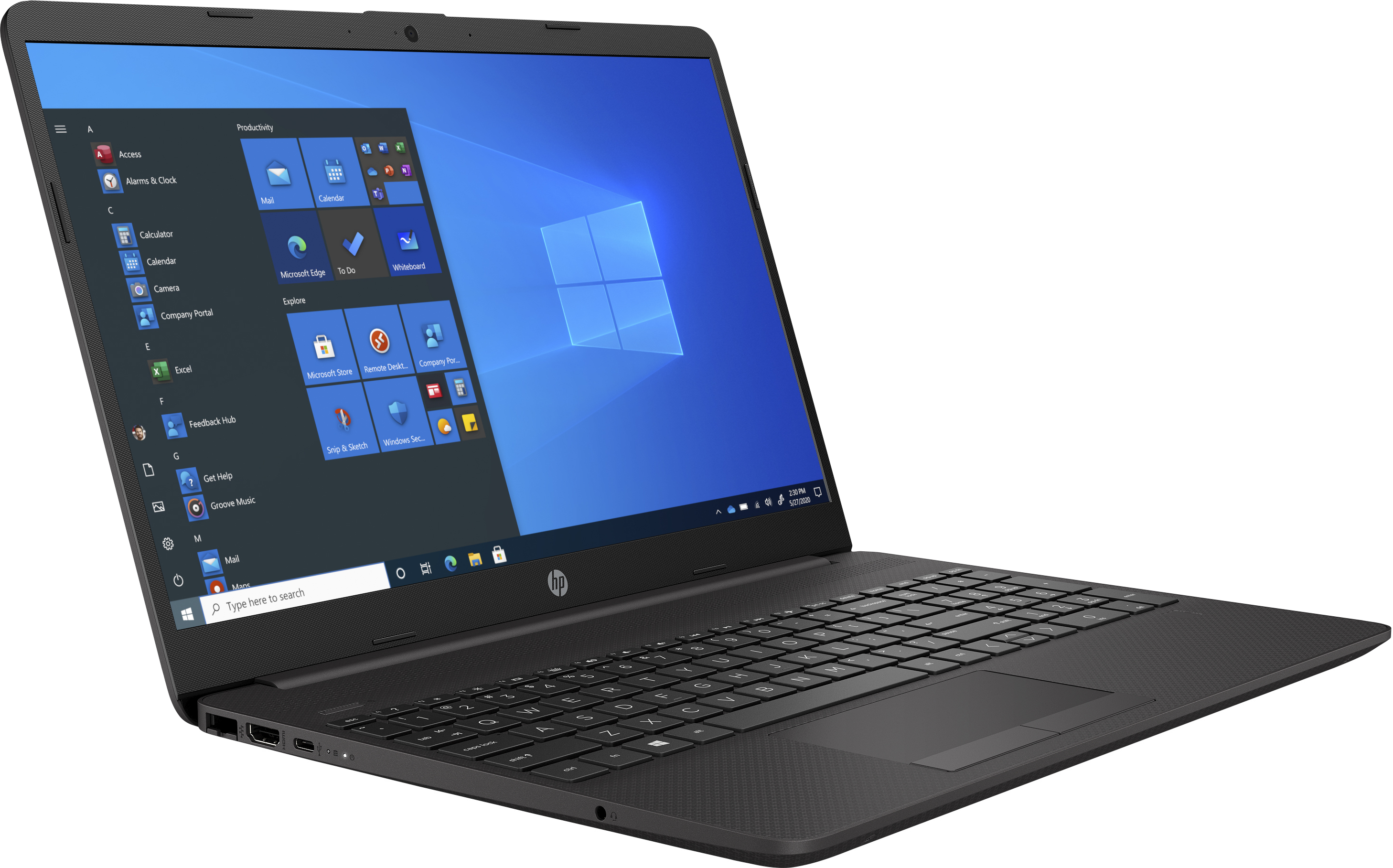 Un laptop nero con schermo blu che mostra un'interfaccia Windows, su sfondo bianco.