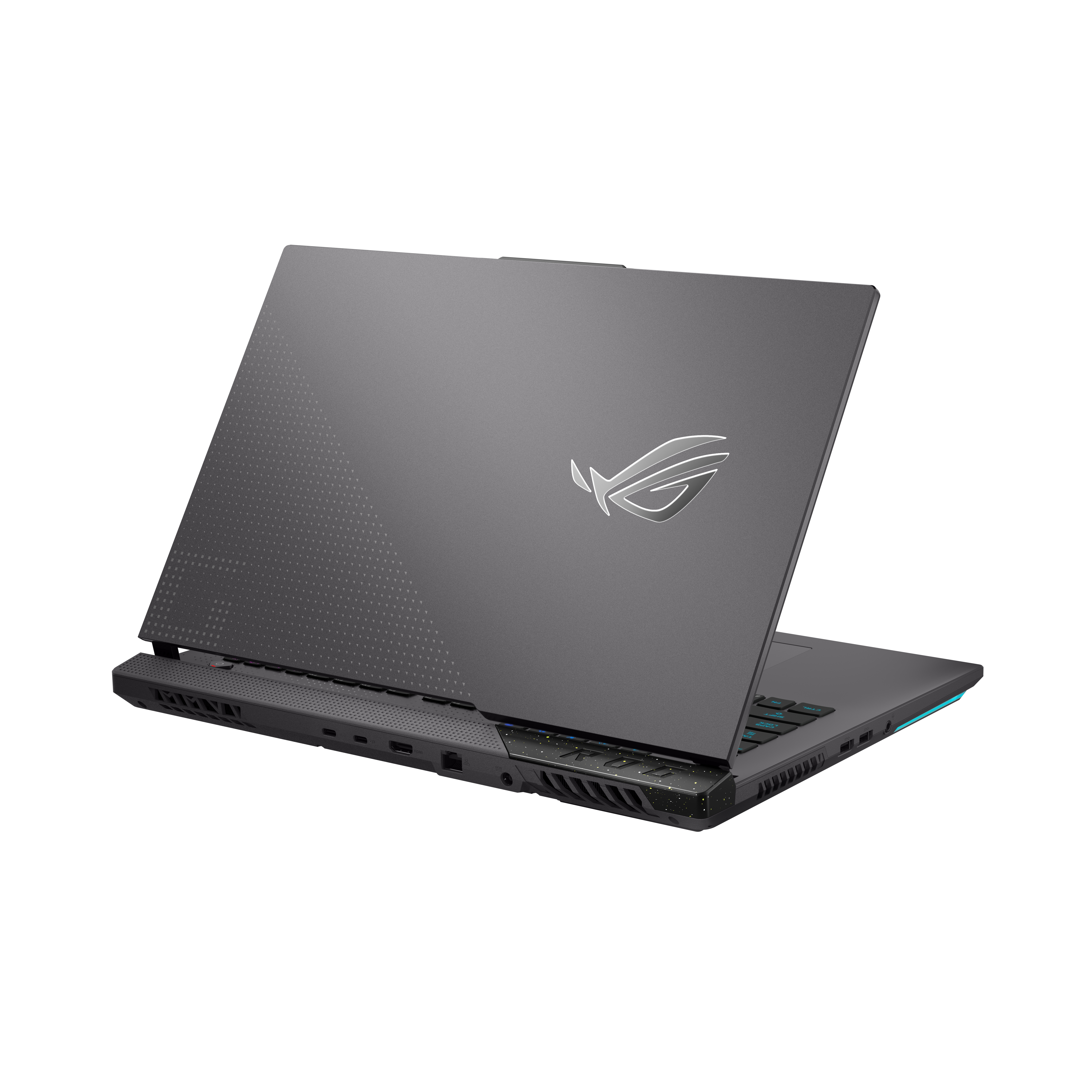 Ciemnoszary laptop z logo ROG, widok pod kątem, pokazujący część klawiatury i tyłu.
