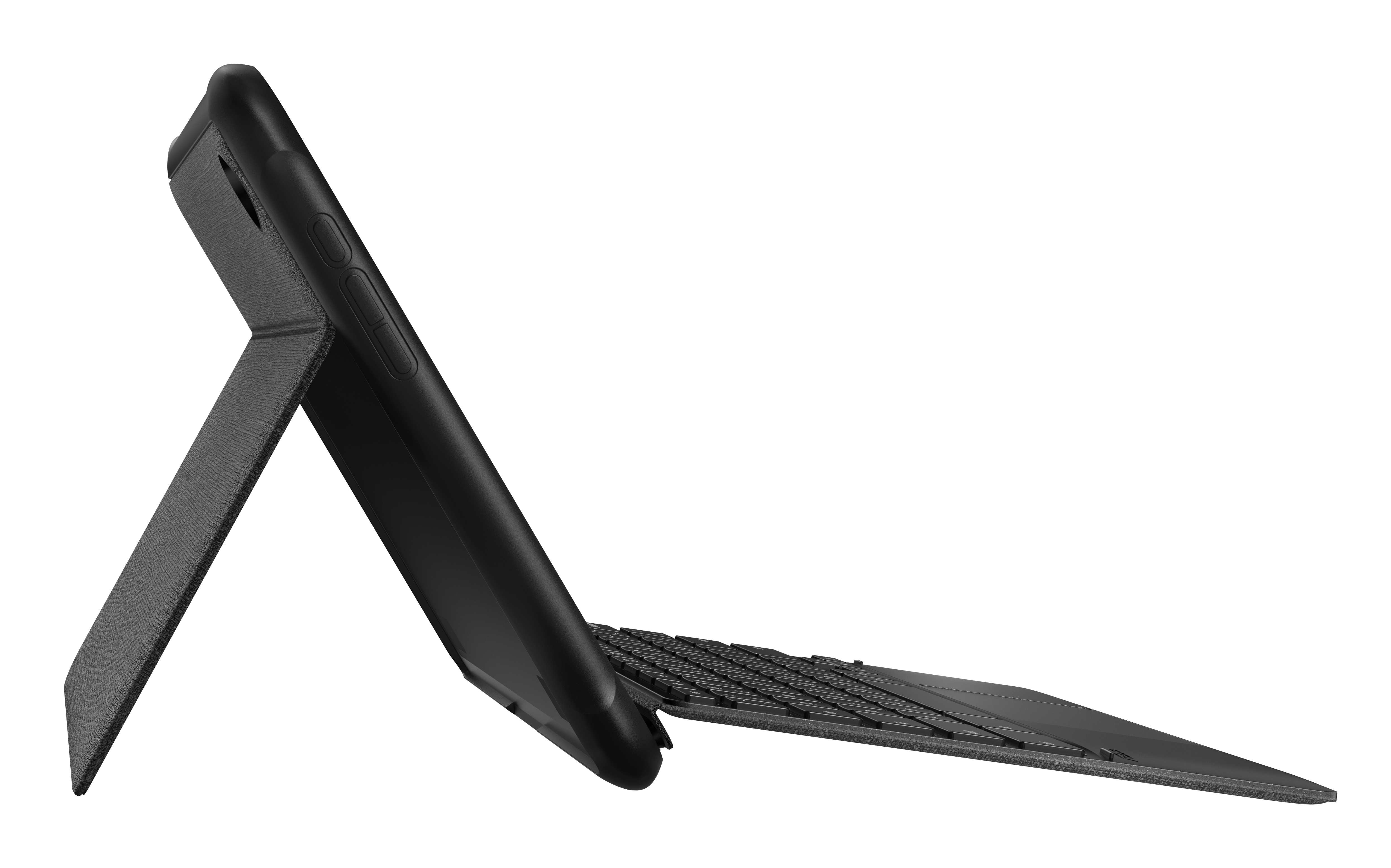 Ein schwarzes Tablet mit Tastaturhülle, aufgestellt. Die Tastatur ist sichtbar und abgewinkelt.
