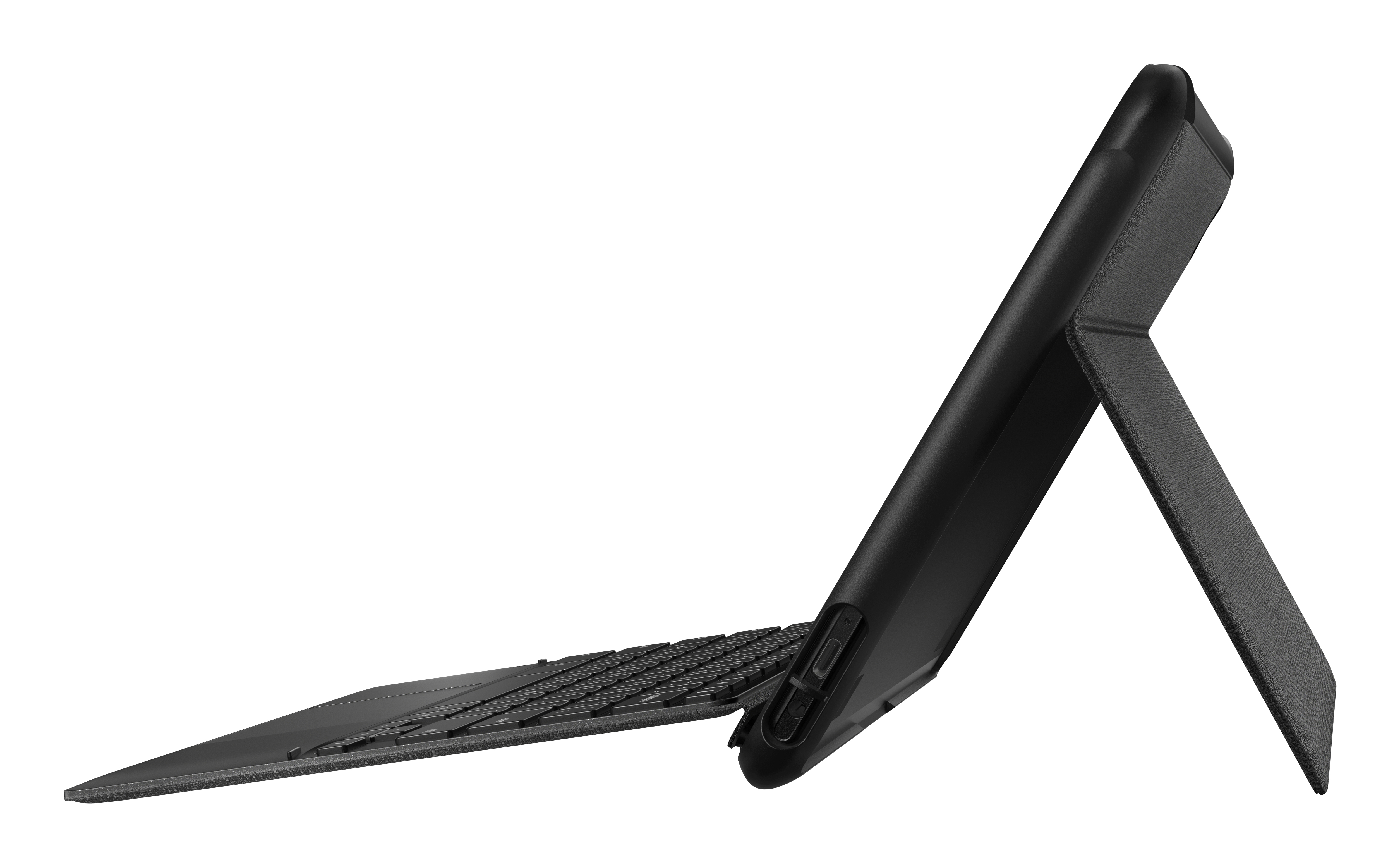 Schwarzes Tablet mit Tastaturhülle, hochgestellt. Die Hülle steht, um die Tastatur zu zeigen.