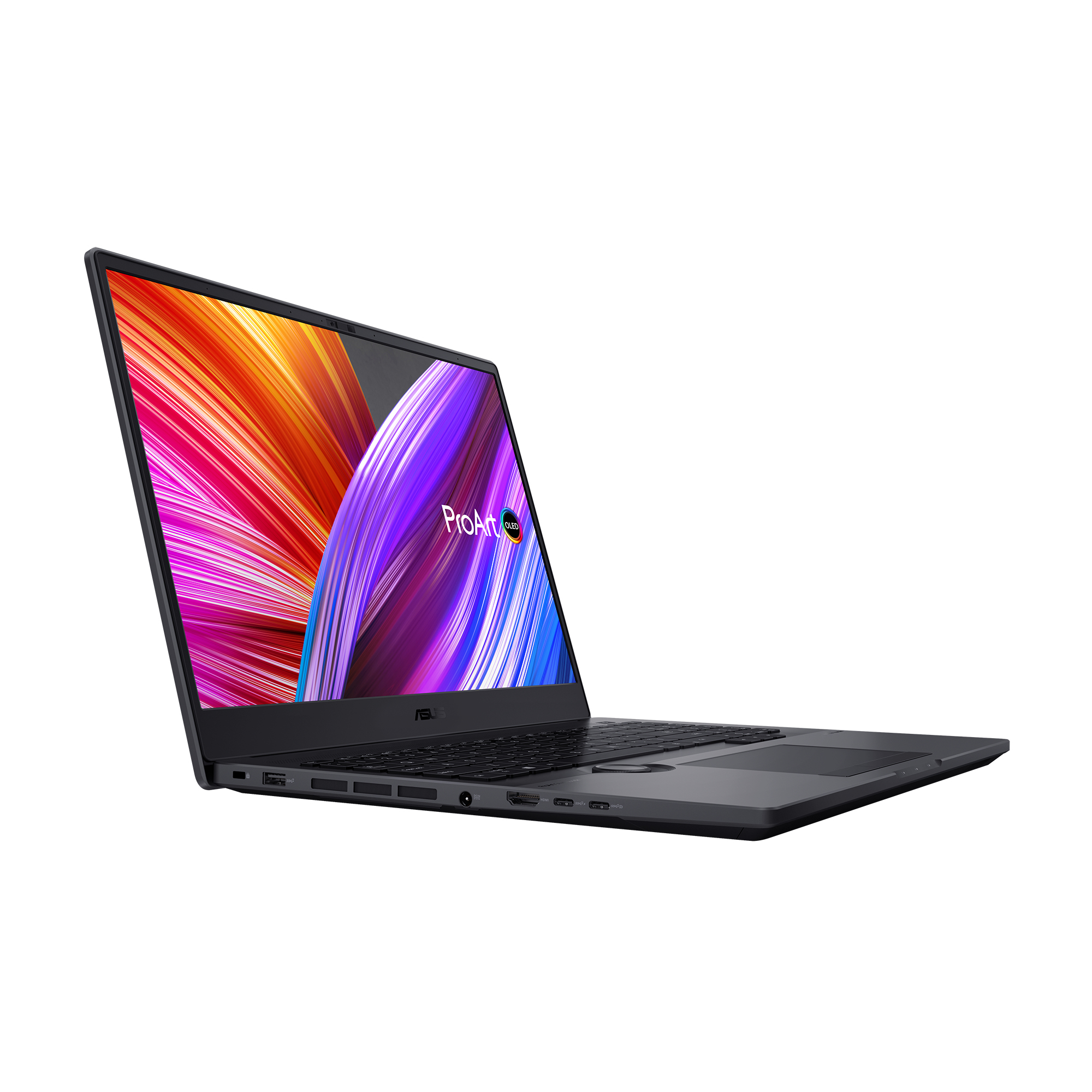 Ein schwarzer Laptop mit einem farbenfrohen Bildschirm und dem ProArt OLED-Logo.