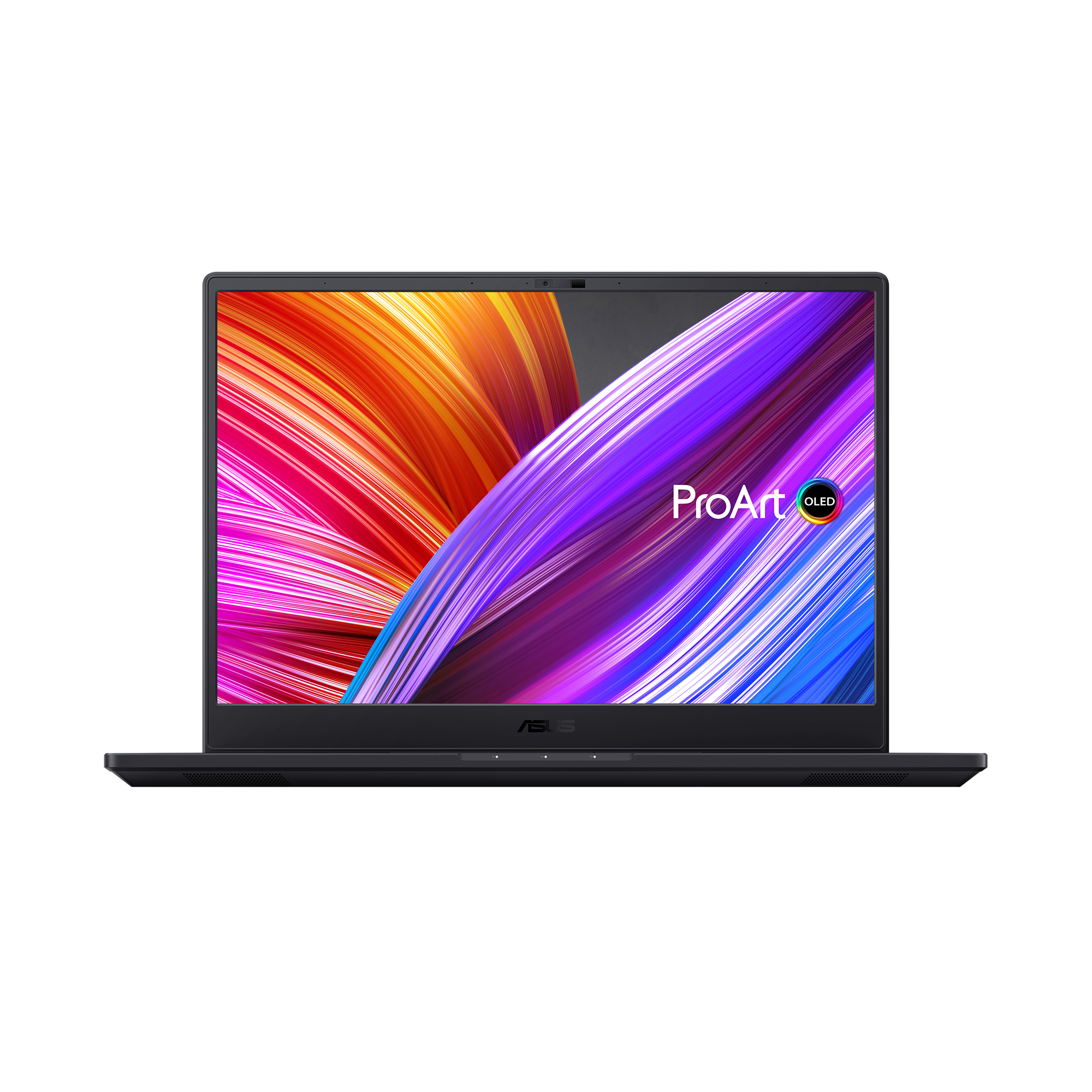 Ein Laptop mit lebendigem Bildschirm, der farbenfrohe abstrakte Kunst zeigt, ASUS ProArt OLED-Label.