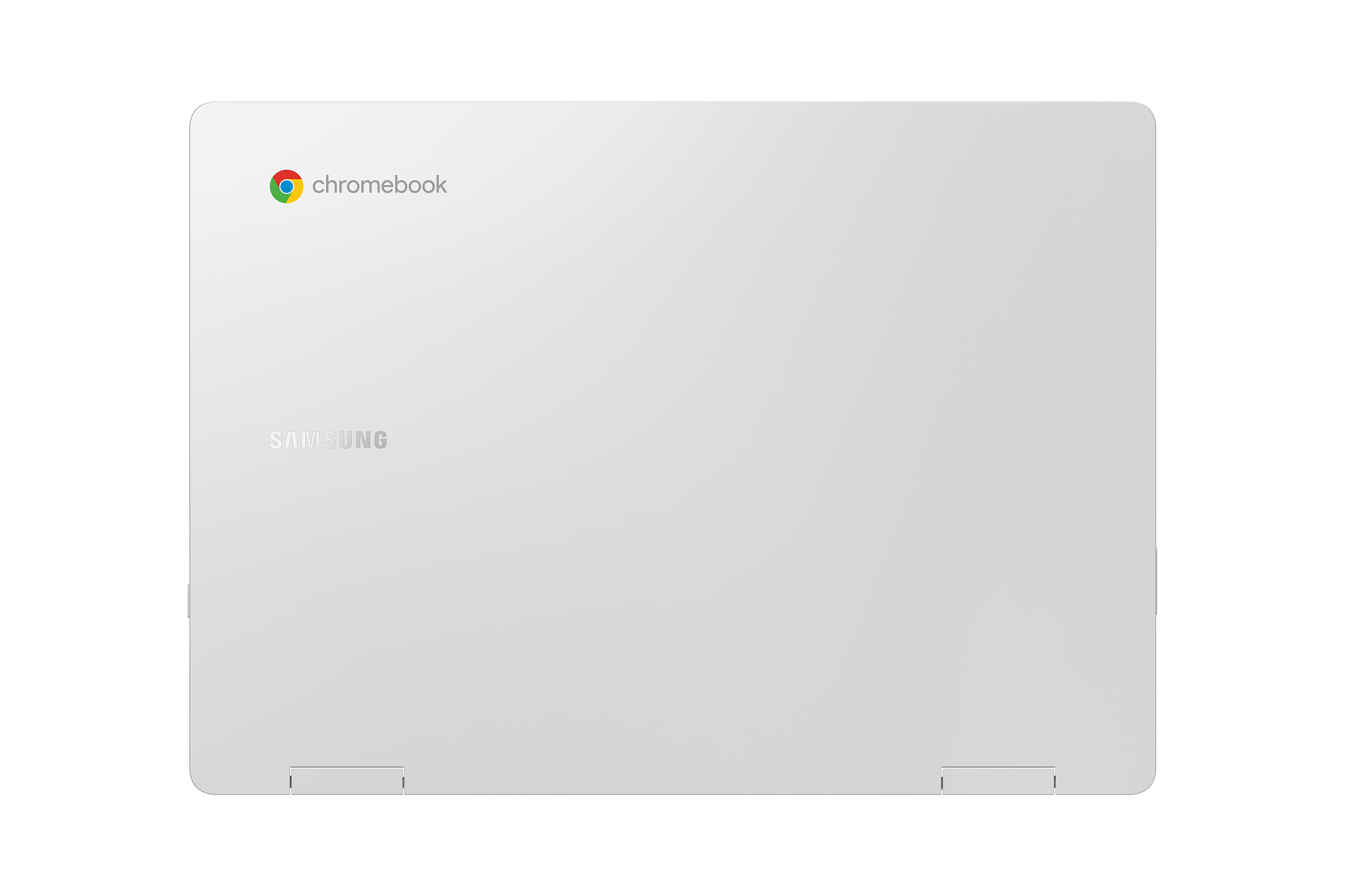 Biały laptop Samsung Chromebook, zamknięty, na białym tle.