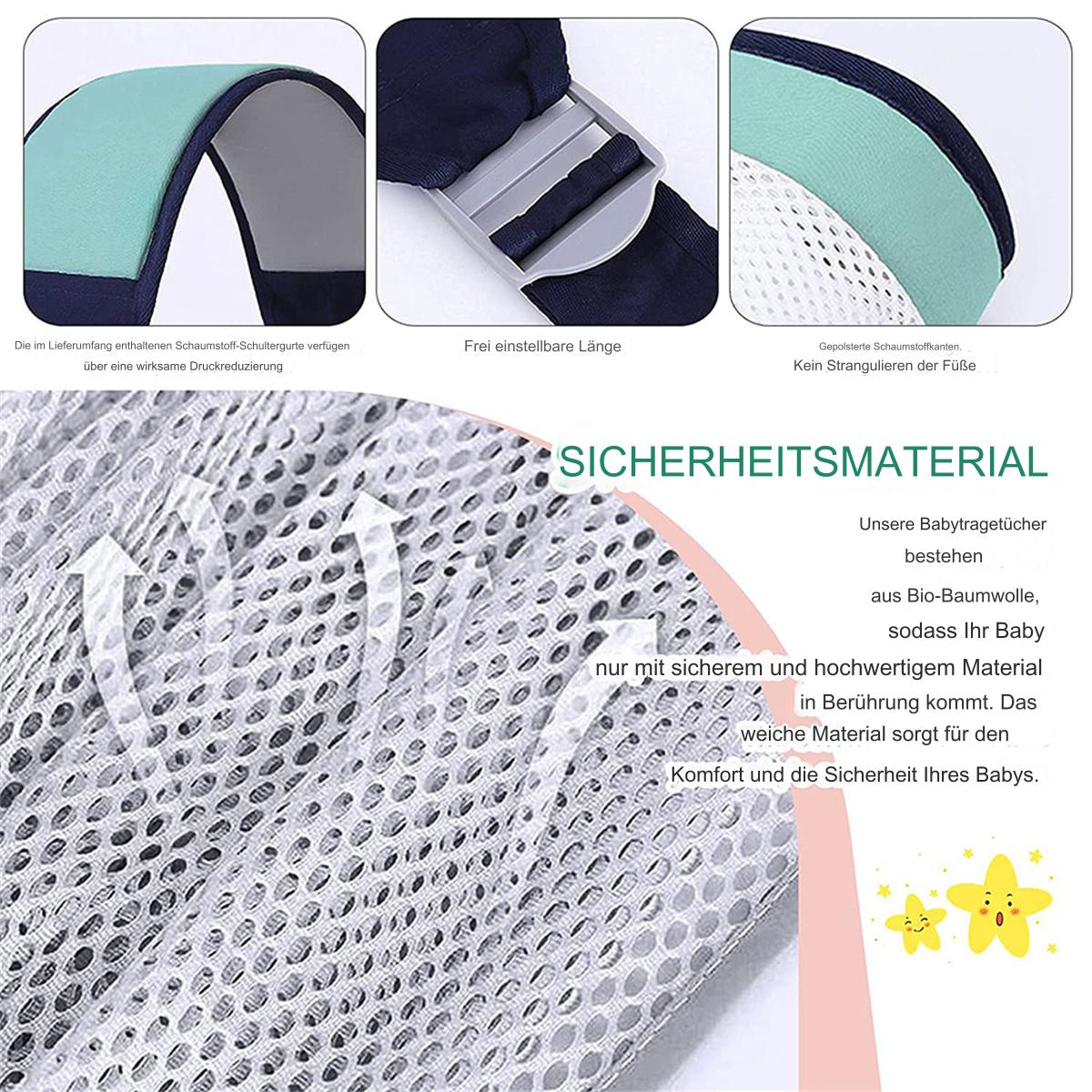 Teile der Babytrage. Mesh, Schnallen und Polsterung sind abgebildet.