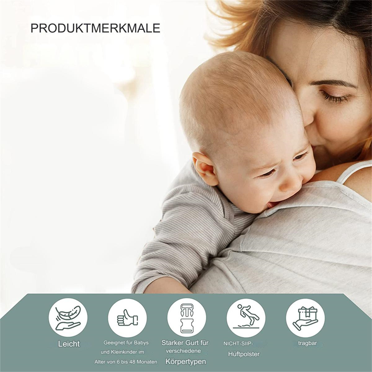 Eine Mutter küsst ein Baby auf die Wange, mit Symbolen für leicht, Babypflege, starker Gurt und tragbar.