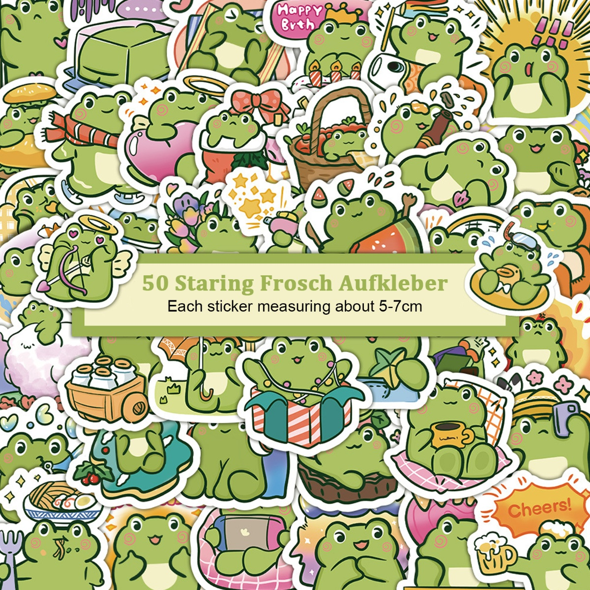 Viele grüne Frosch-Aufkleber mit verschiedenen Designs und dem Text: 50 Staring Frosch Aufkleber.