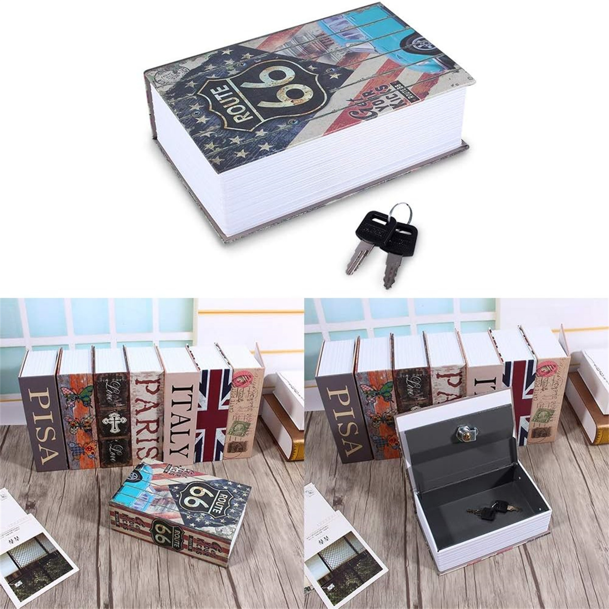 Mehrere Bücherboxen, eine offen. Schlüssel liegen oben. Route 66-Design.
