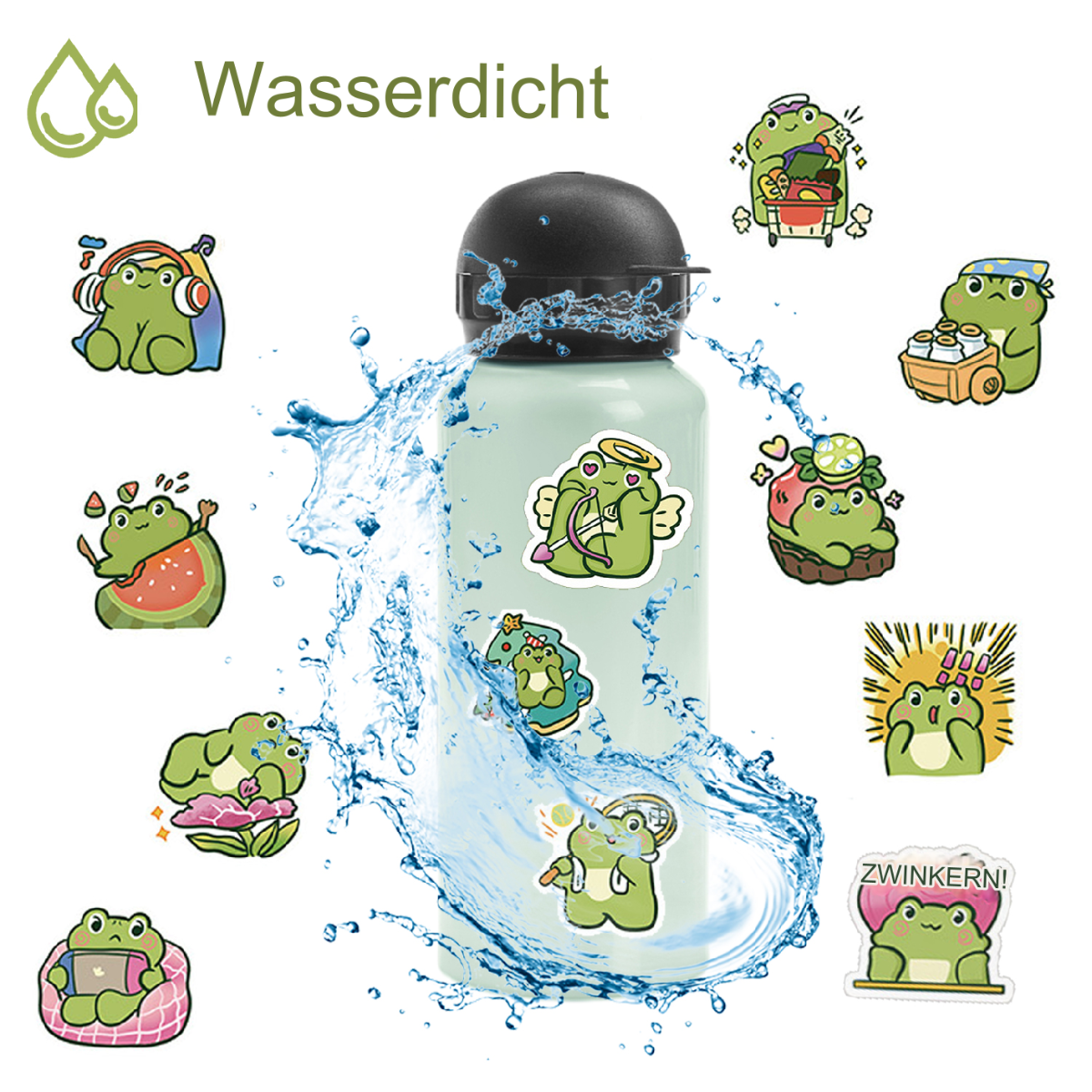 Wasserflasche mit Froschaufklebern und Wasserspritzern. Text: Wasserdicht.
