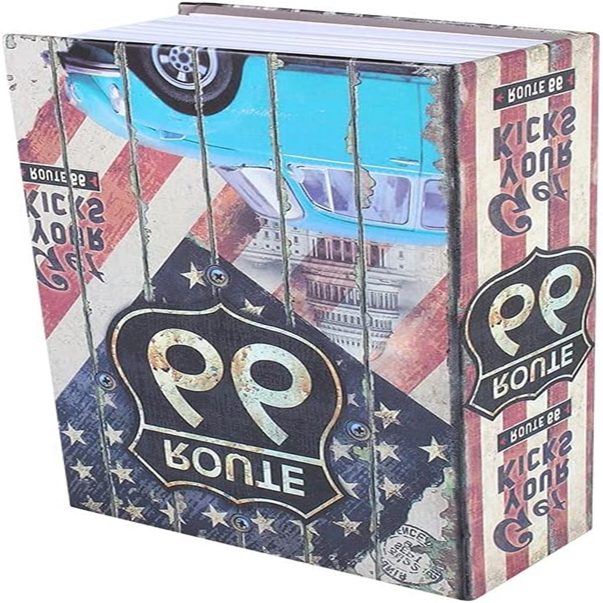 Buchförmige Box mit Route 66 Design, Vintage-Stil.