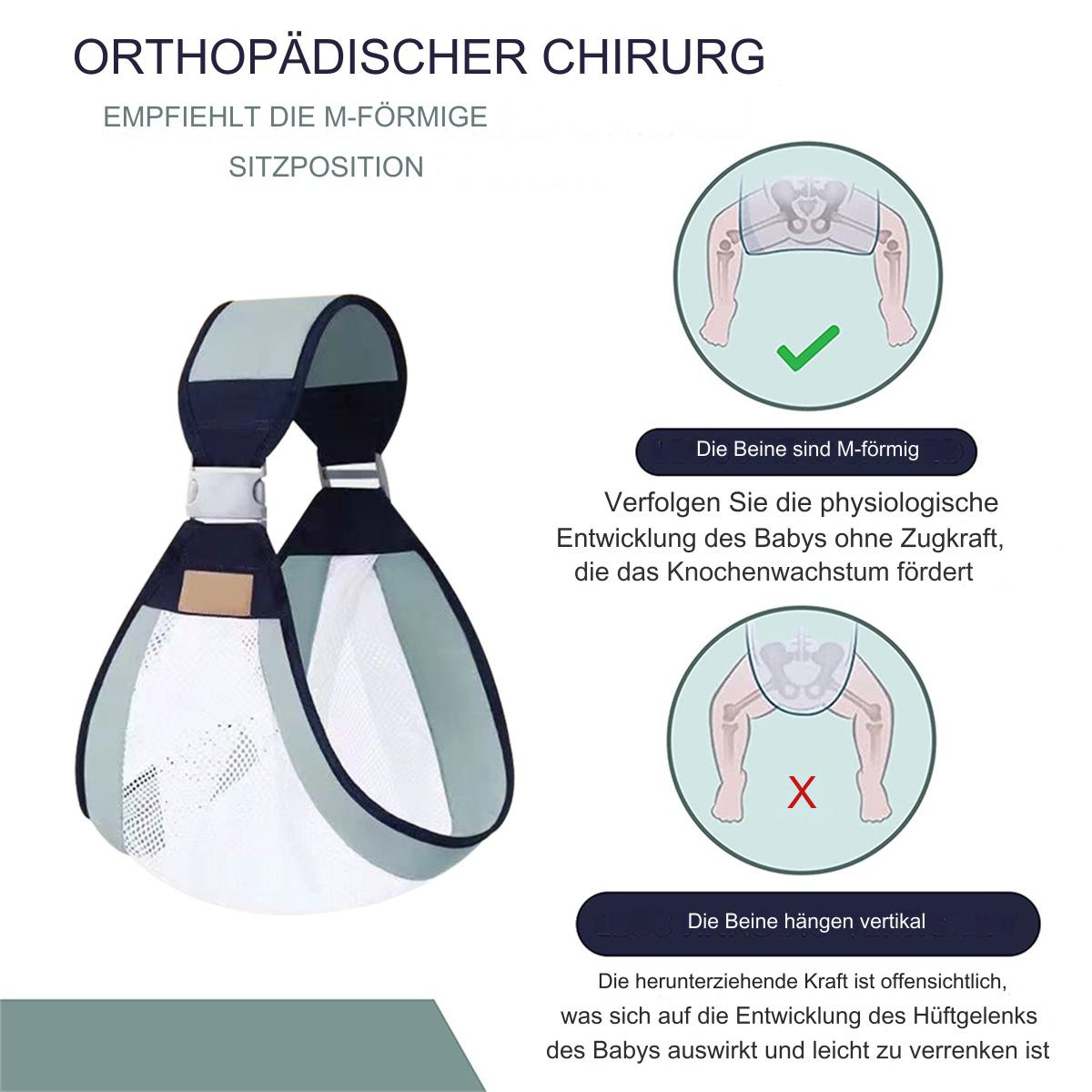 Babytragetuch mit Diagrammen, die die korrekte M-förmige Beinposition veranschaulichen.