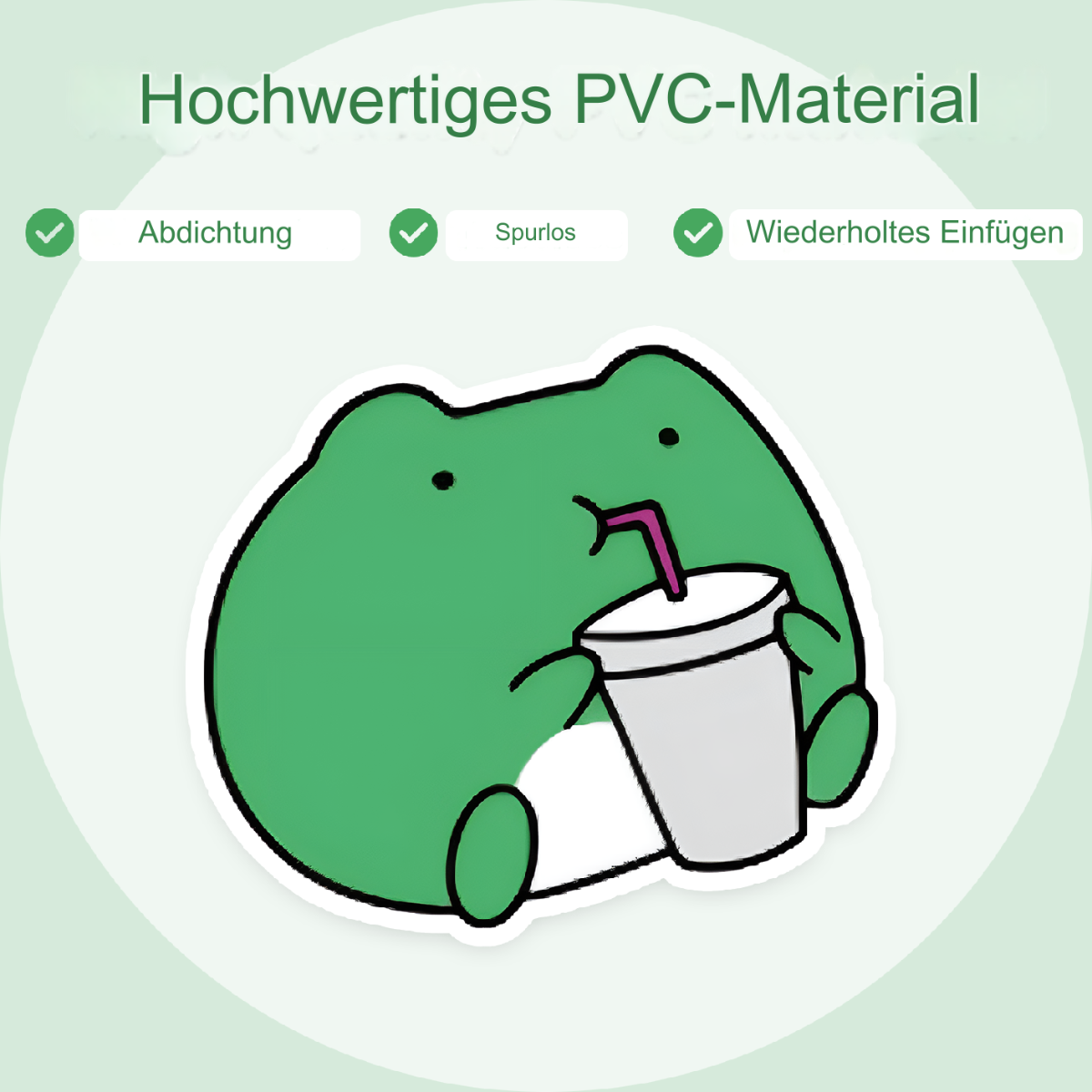 Ein grüner Frosch-Aufkleber, der ein Getränk hält, mit Text über hochwertiges PVC-Material.
