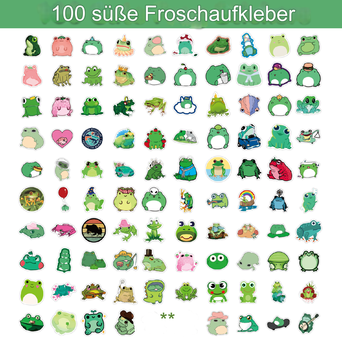 Blatt mit Froschaufklebern in verschiedenen Designs.