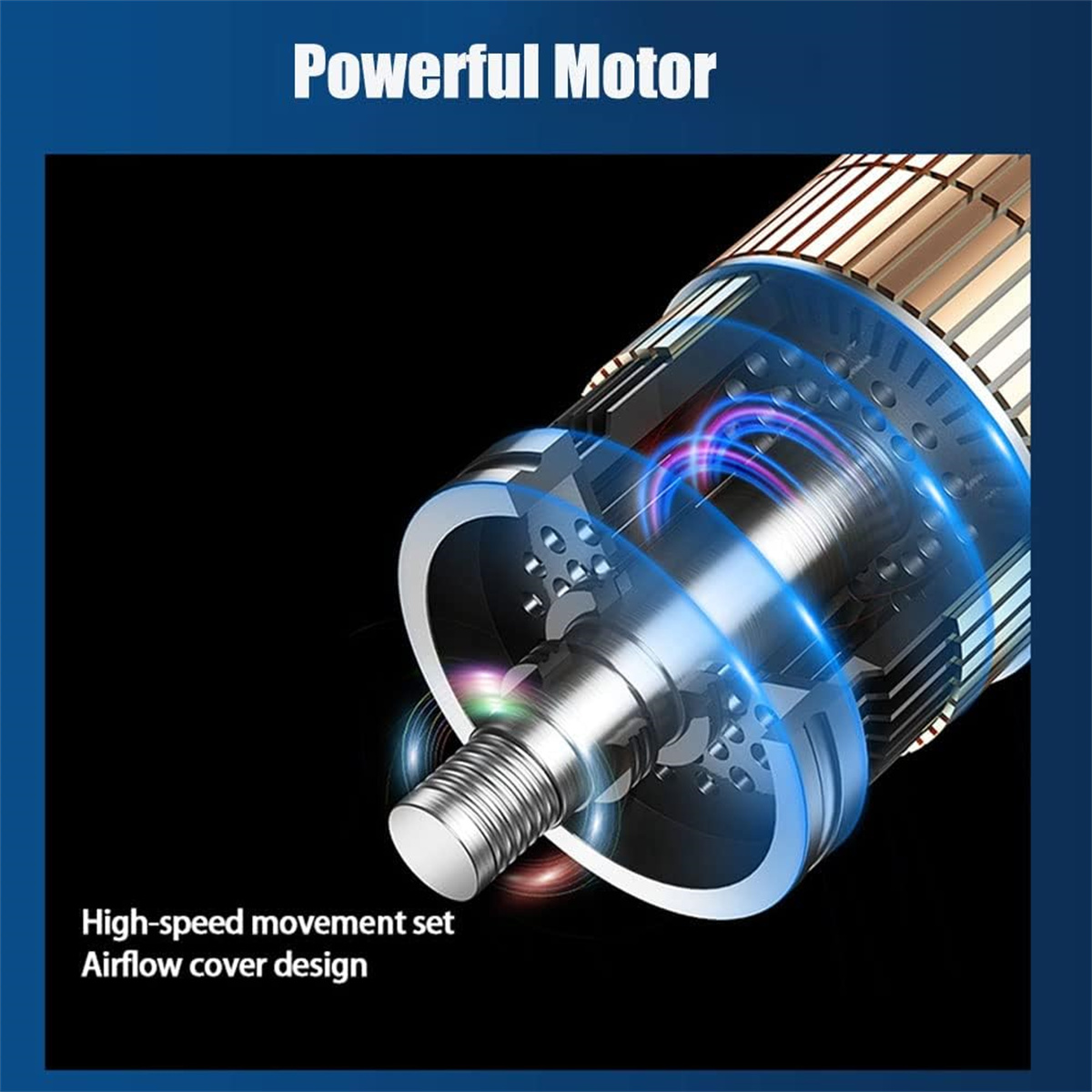 Nahaufnahme eines Motors. Blaue und goldene Farben. Schwarzer Hintergrund. Text: Leistungsstarker Motor, Luftstrom-Design.