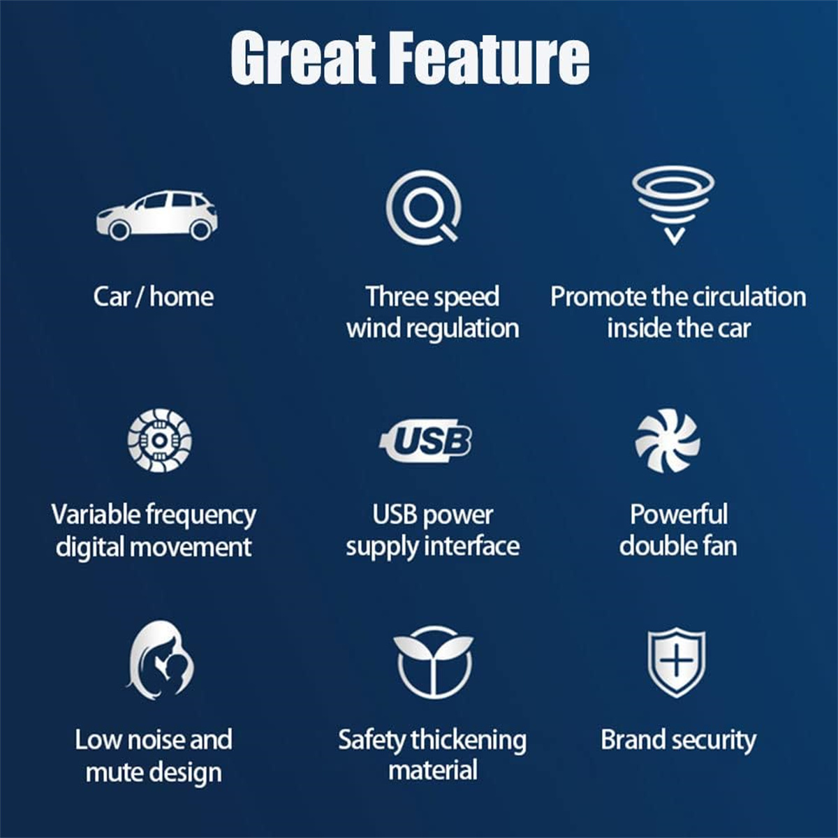 Symbole beschreiben Funktionen: Auto Zuhause, Dreigeschwindigkeitswind, Zirkulation, digitale Bewegung, USB, Doppellüfter, leise und sicher.