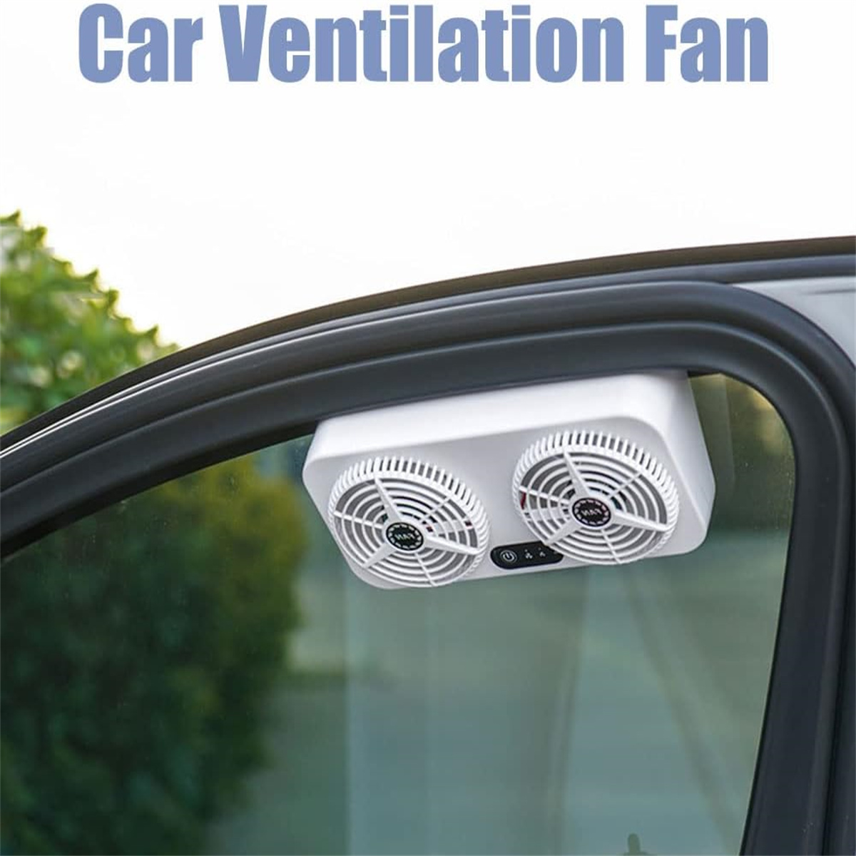 Auto-Ventilator am Autofenster montiert. Weißer Ventilator mit zwei Öffnungen. Textüberlagerung.