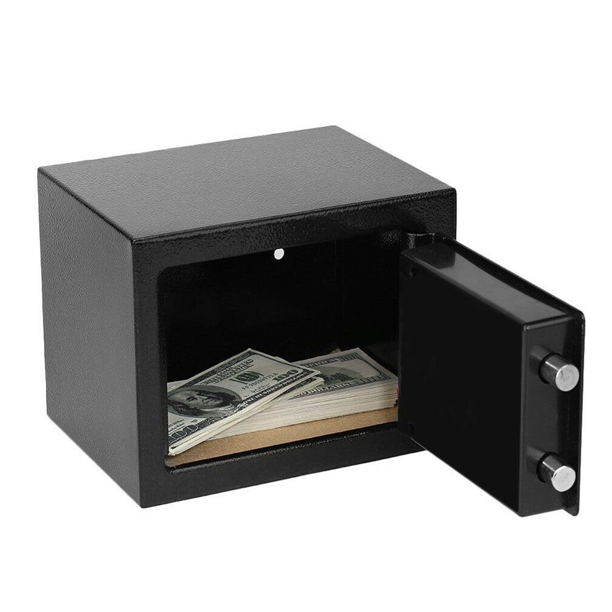Offener schwarzer Tresor mit Bargeld. Stapel US-Dollar-Scheine sind im Tresor sichtbar.