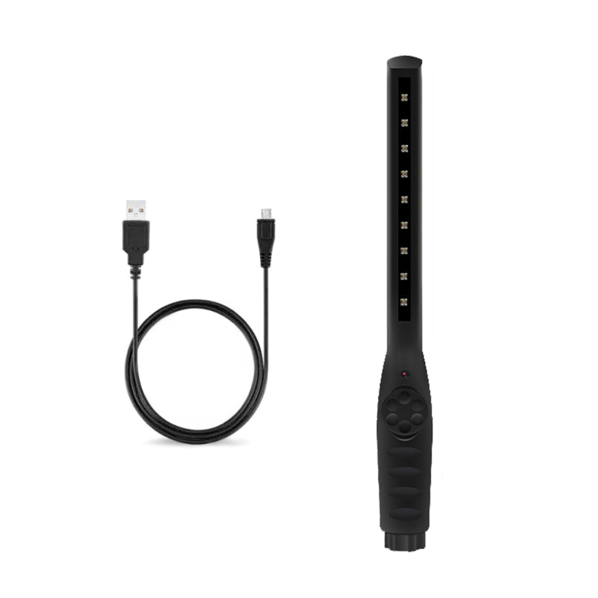Ein schwarzes UV-Desinfektionslicht mit USB-Kabel auf weißem Hintergrund.
