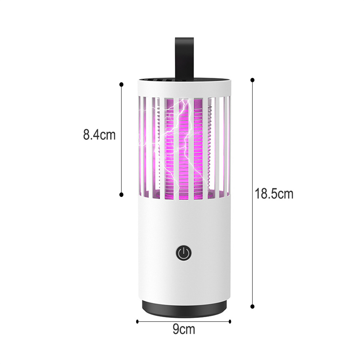 Weißer Insektenvernichter mit lila Licht, zylindrisches Design. Schwarzer oberer Griff und Sockel. Weißer Hintergrund.