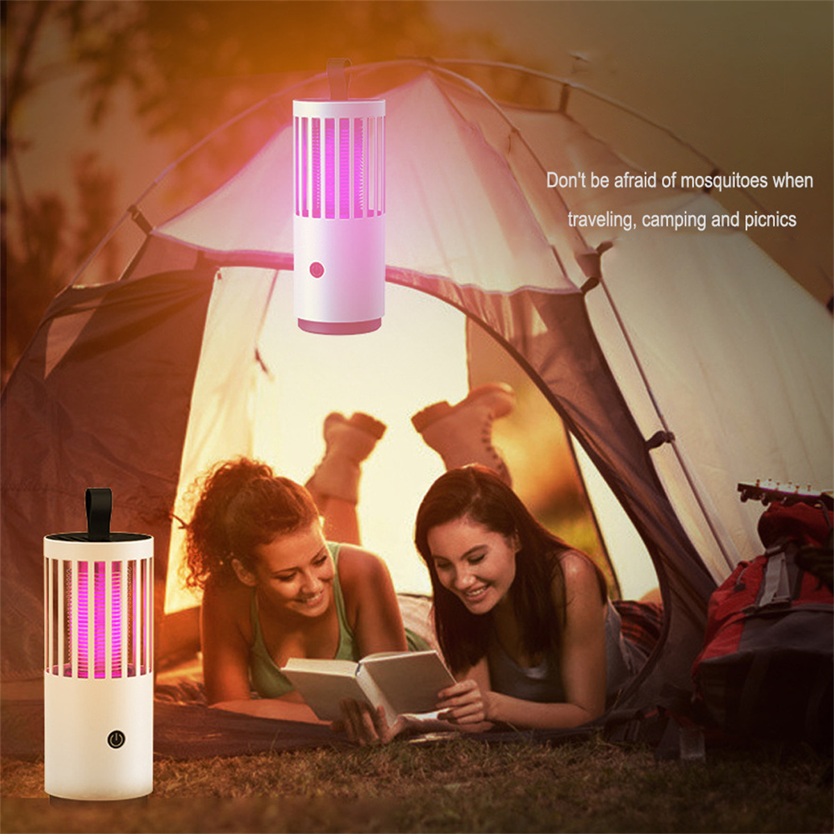 Zwei Frauen lesen unter einem Zelt mit einer Mückenabwehrlampe darüber. Text sagt: 'Hab keine Angst vor Mücken.'