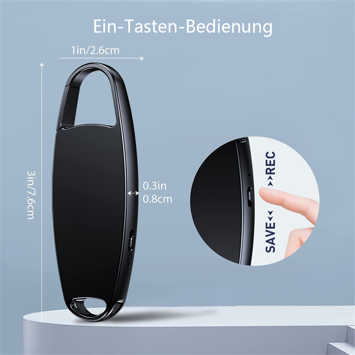 Ein schwarzer Rekorder mit Maßen und ein Finger, der eine Taste mit der Aufschrift "REC" drückt. Der Text oben lautet "Ein-Tasten-Bedienung".