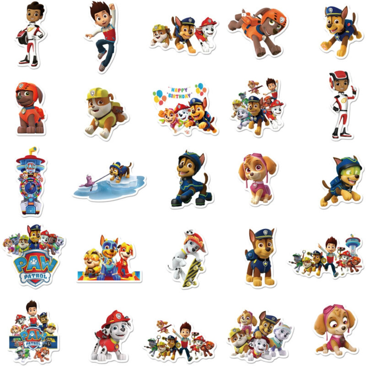 Eine Sammlung von Paw Patrol-Aufklebern mit Zeichentrickhunden und -figuren in verschiedenen Posen und Umgebungen.