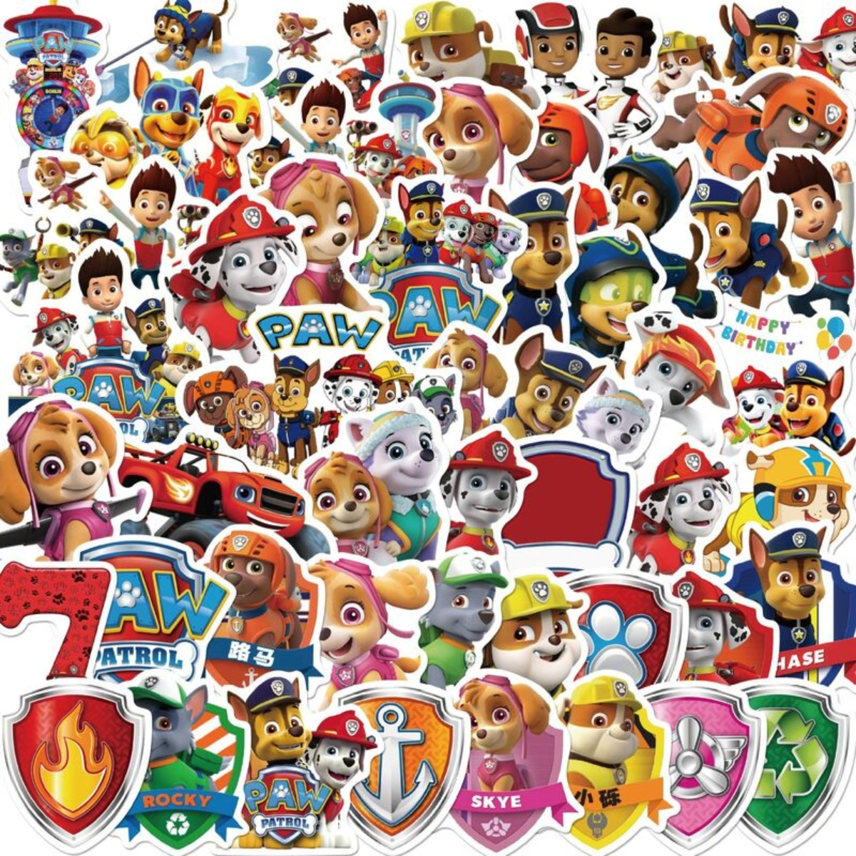 Eine Collage von Paw Patrol-Aufklebern mit verschiedenen Charakteren und Logos.