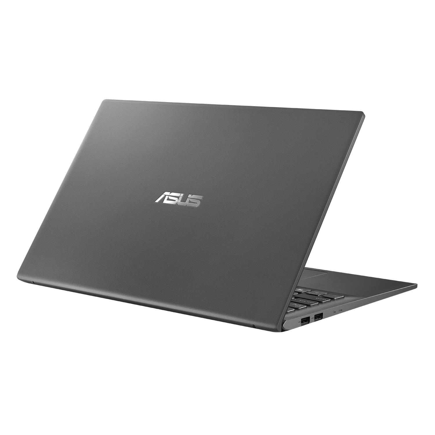 Laptop-Rückseite, dunkelgrau, ASUS-Logo. Weißer Hintergrund.