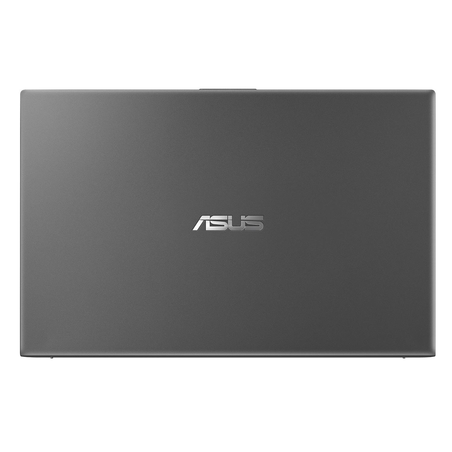 Ein grauer Laptop. Das ASUS-Logo befindet sich auf der Rückseite des Bildschirms. Der Hintergrund ist weiß.