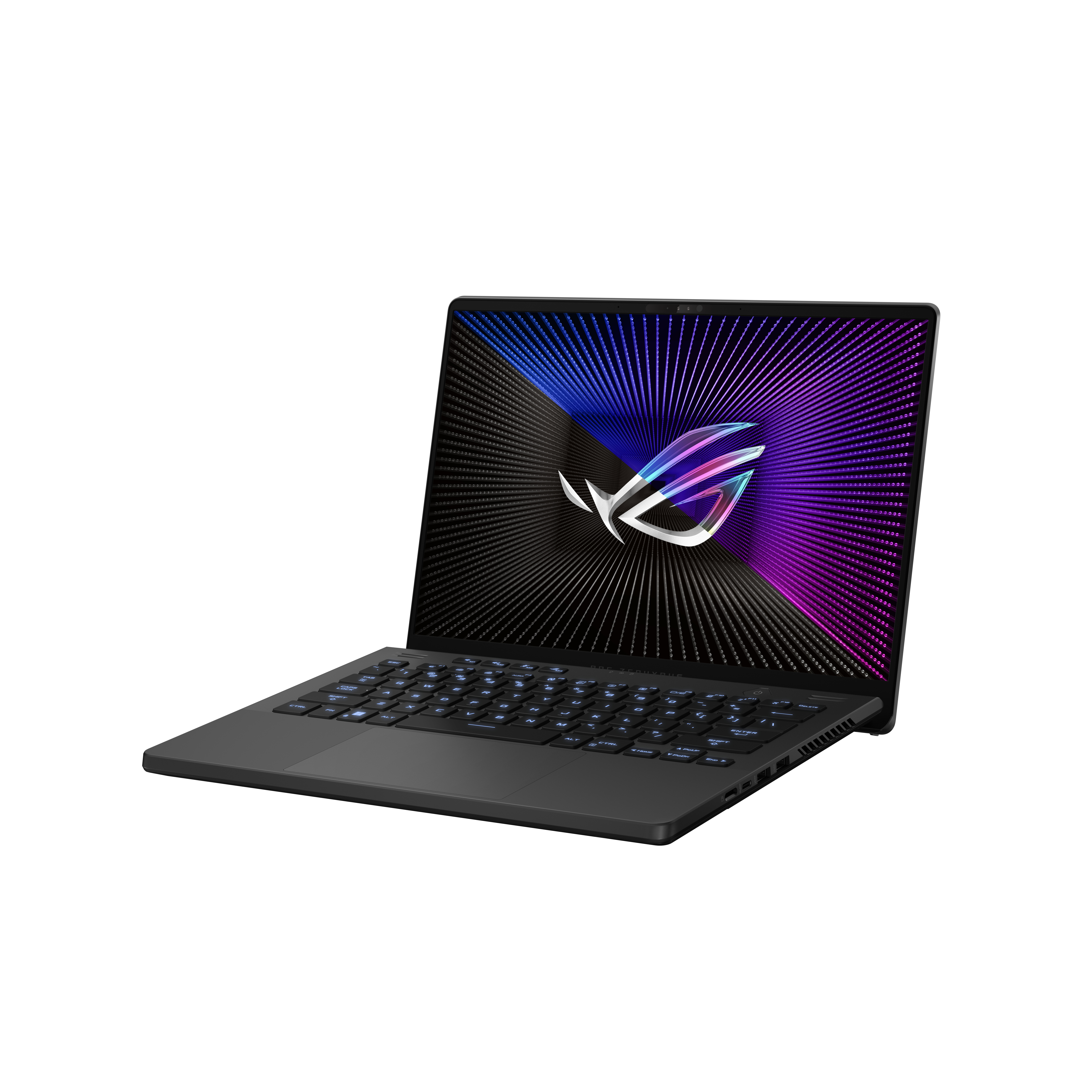 Czarny laptop z logo ROG na ekranie, na białym tle. Klawiatura ma podświetlenie.