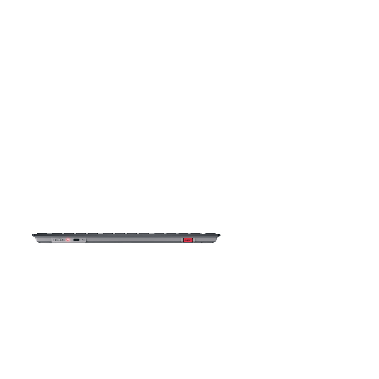 Klawiatura, widok z boku, na białym tle.