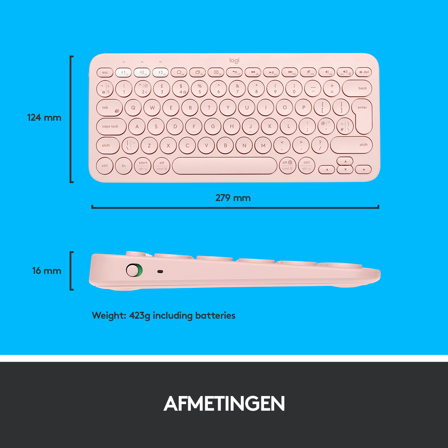 Tastiera wireless rosa con dimensioni e misure fornite nell'immagine.