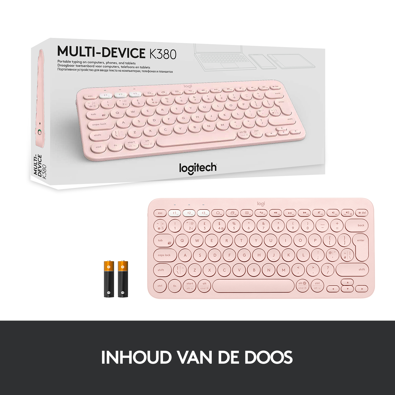 Una tastiera Logitech K380 rosa con due batterie AA su sfondo bianco.