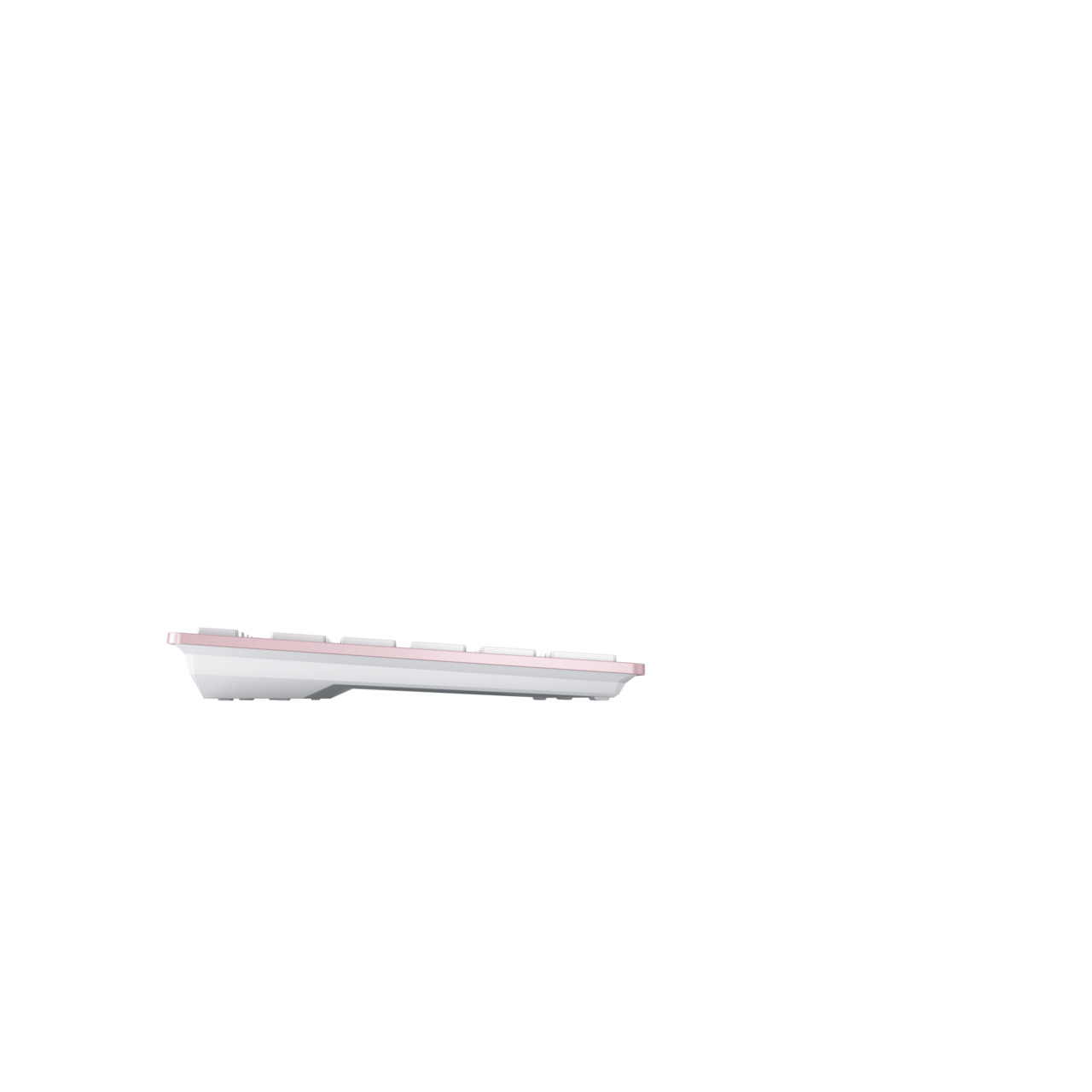 A side view of a white and rose gold keyboard. White background.