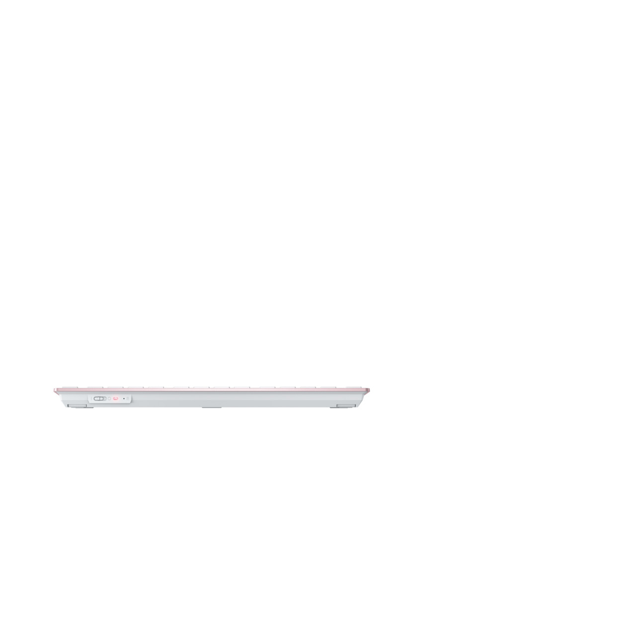 A side view of a pink keyboard. The keyboard is white with pink keys. The background is white.