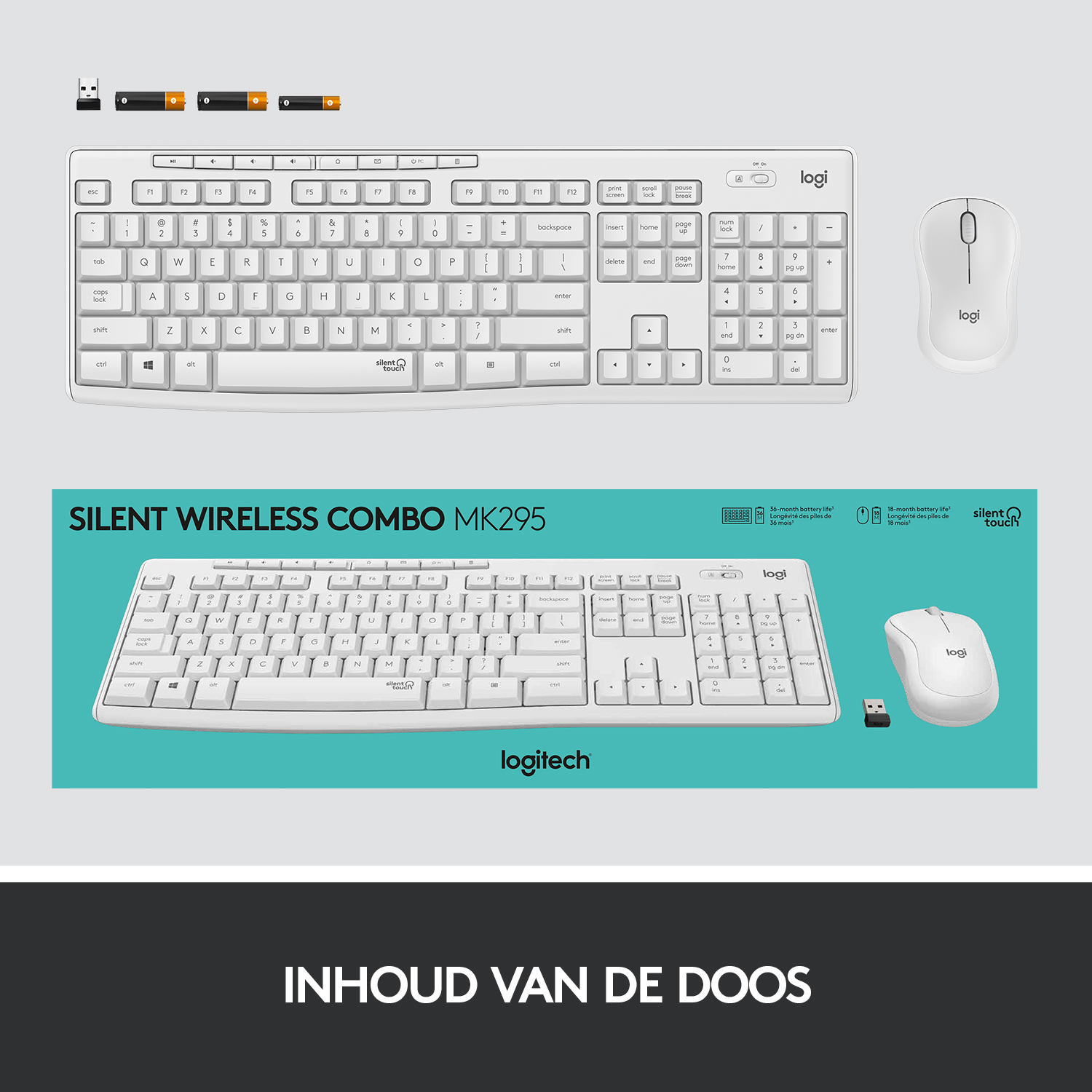 Combo tastiera e mouse wireless bianchi, con la scritta "Silent Wireless Combo MK295" sulla confezione.