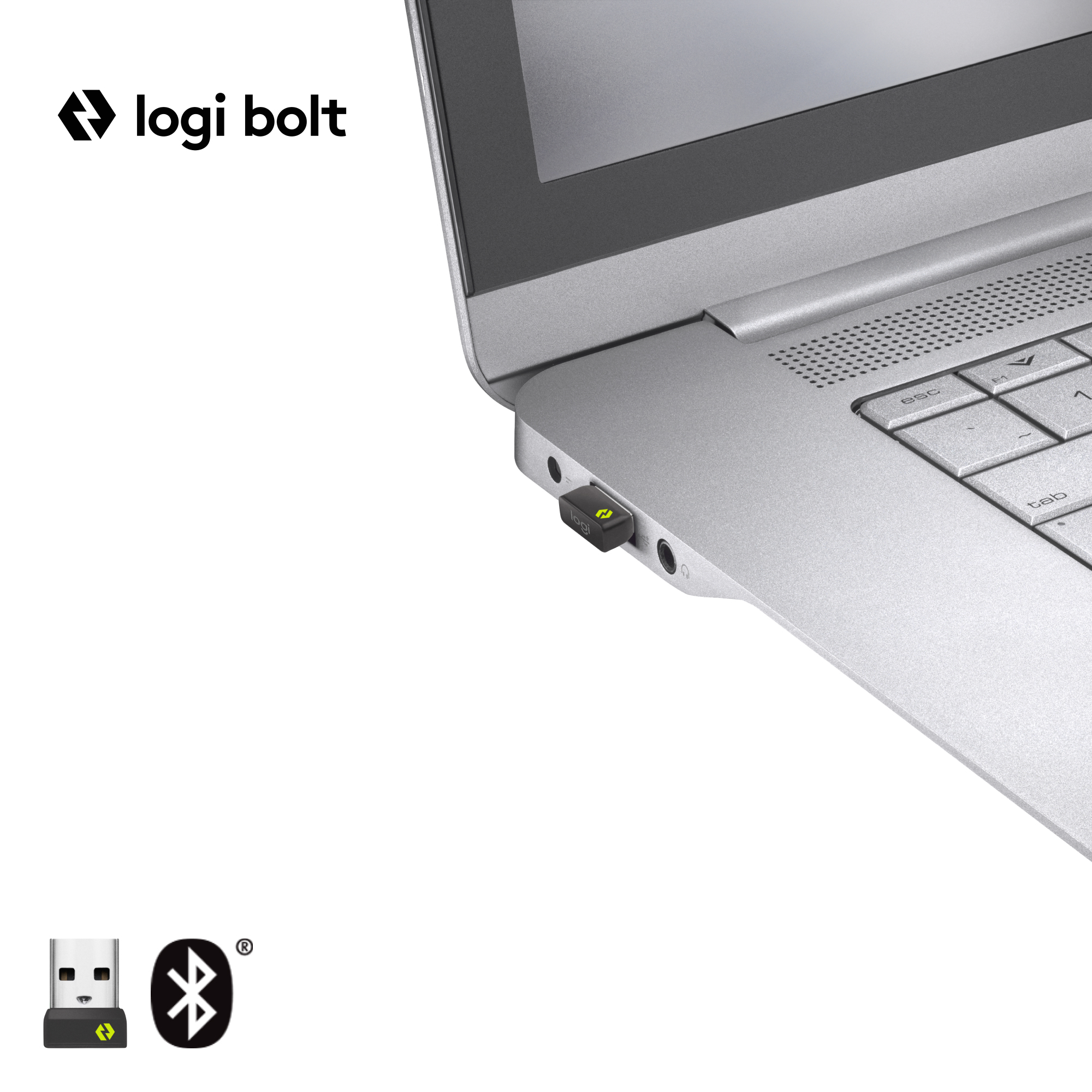 A laptop with a USB receiver plugged in, and the 'Logi Bolt' logo is displayed.