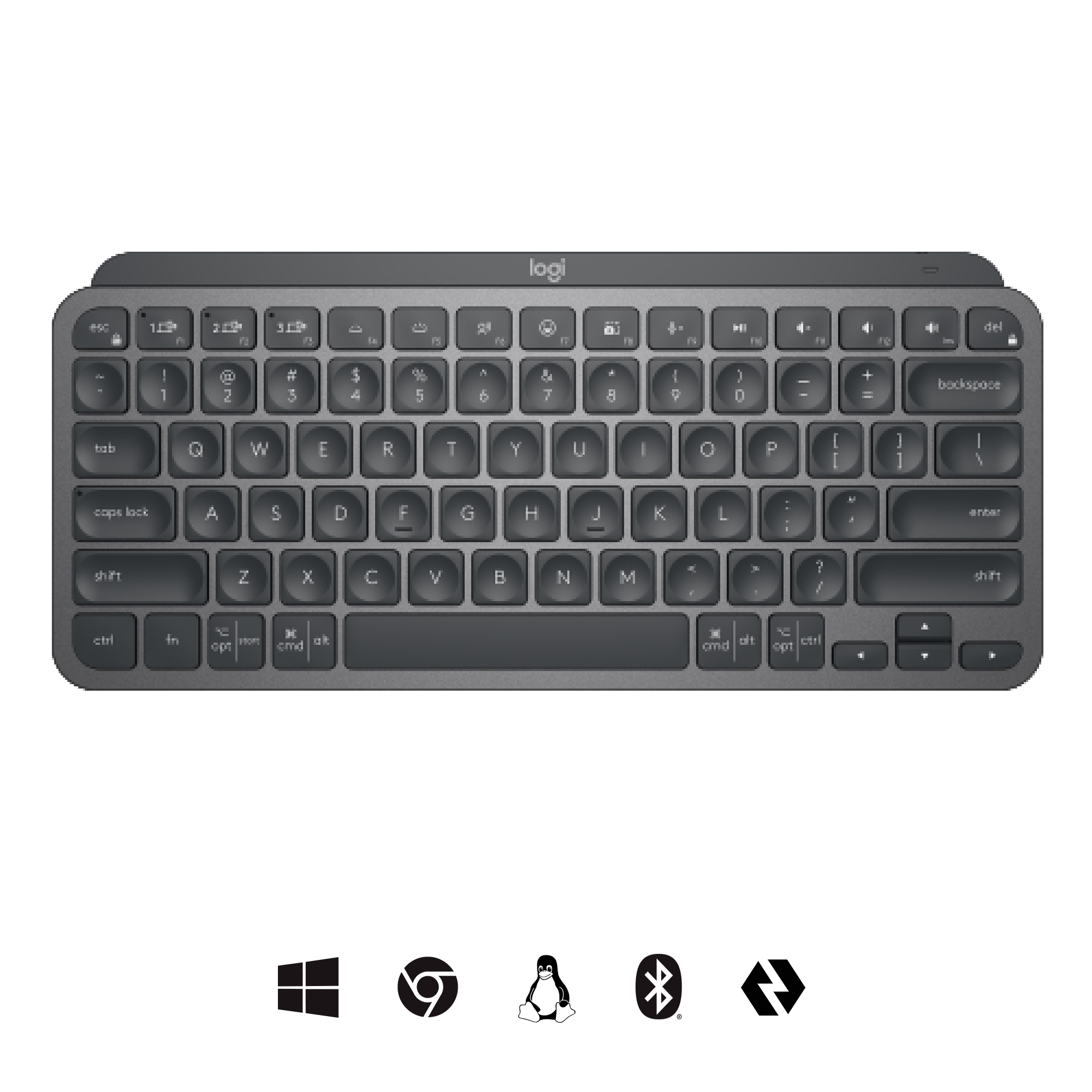 Logi keyboard, a dark gray, compact keyboard with multiple function keys on white.