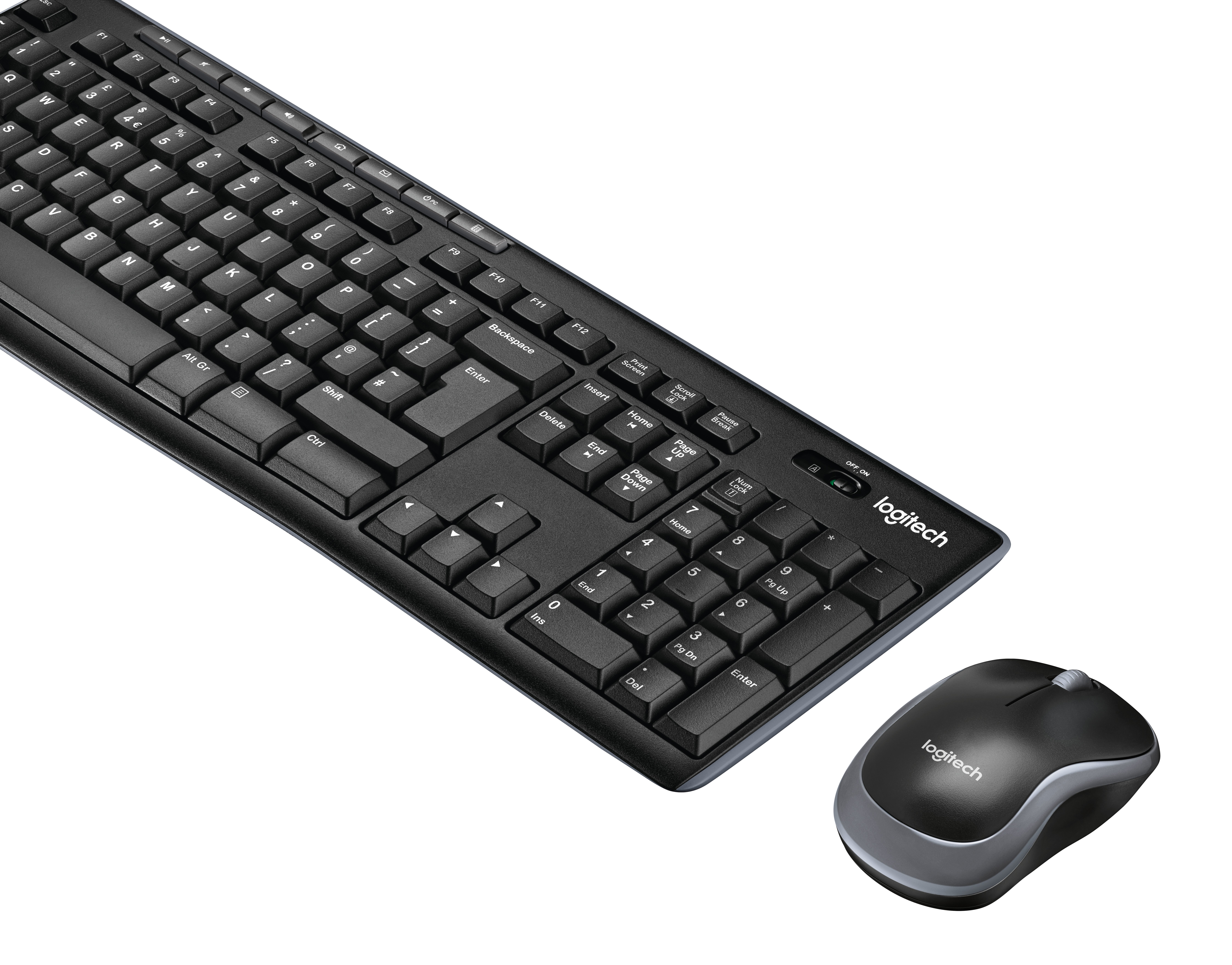 Un set tastiera e mouse neri, angolato su una superficie bianca, con il logo visibile.
