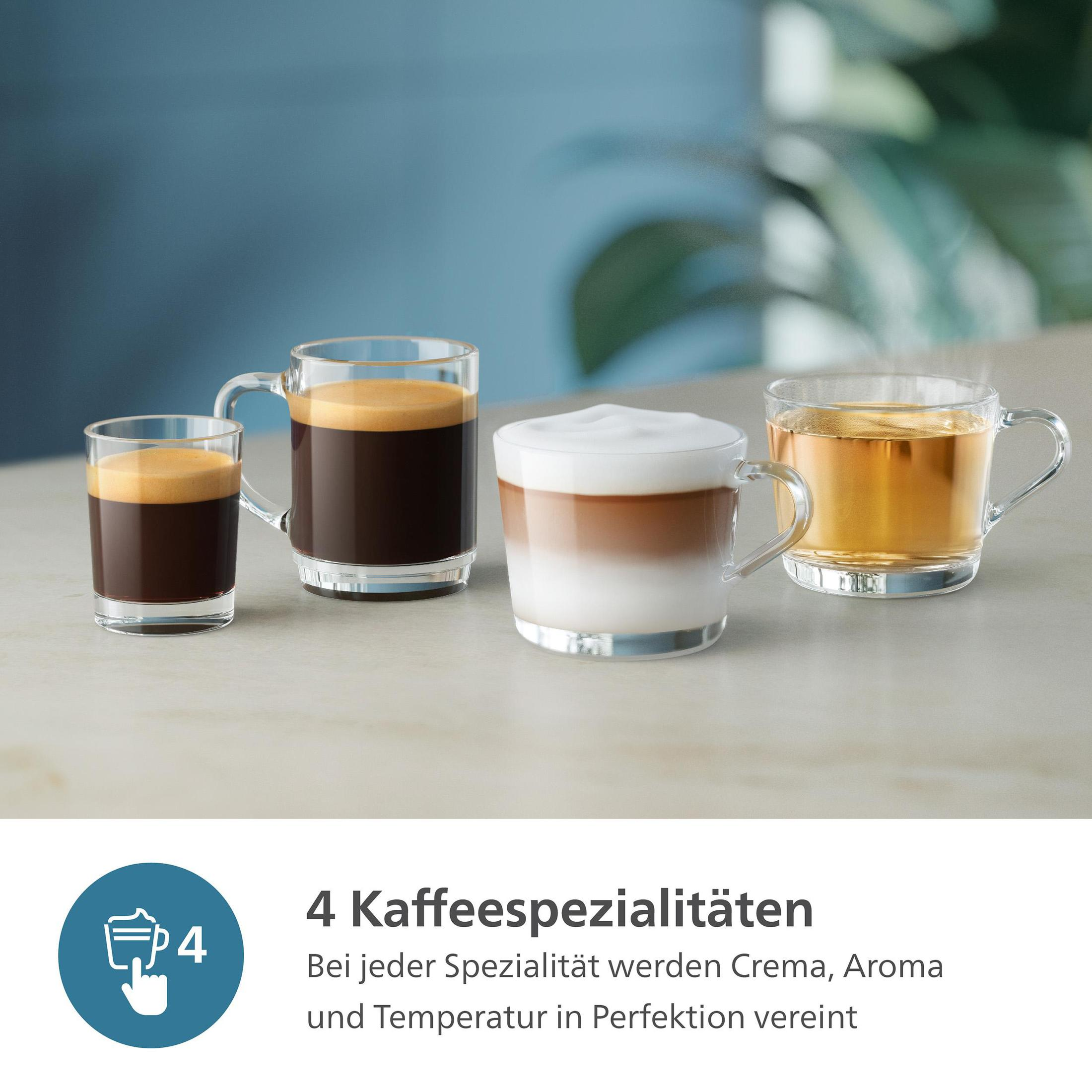 Cztery filiżanki kawy: espresso, kawa, latte i herbata.