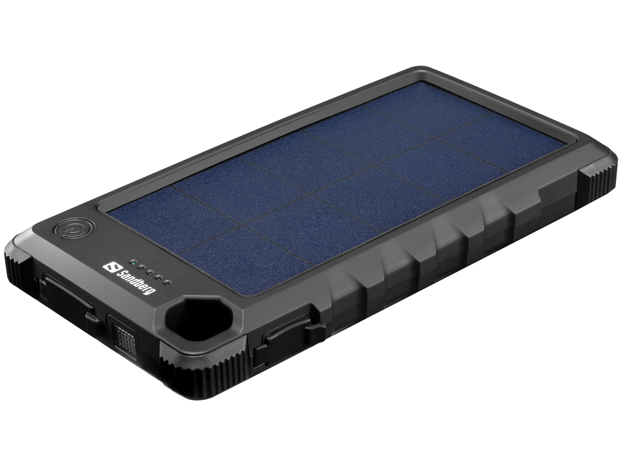 Batterie externe noire et grise avec panneau solaire. Boutons, ports sont visibles. Fond blanc.