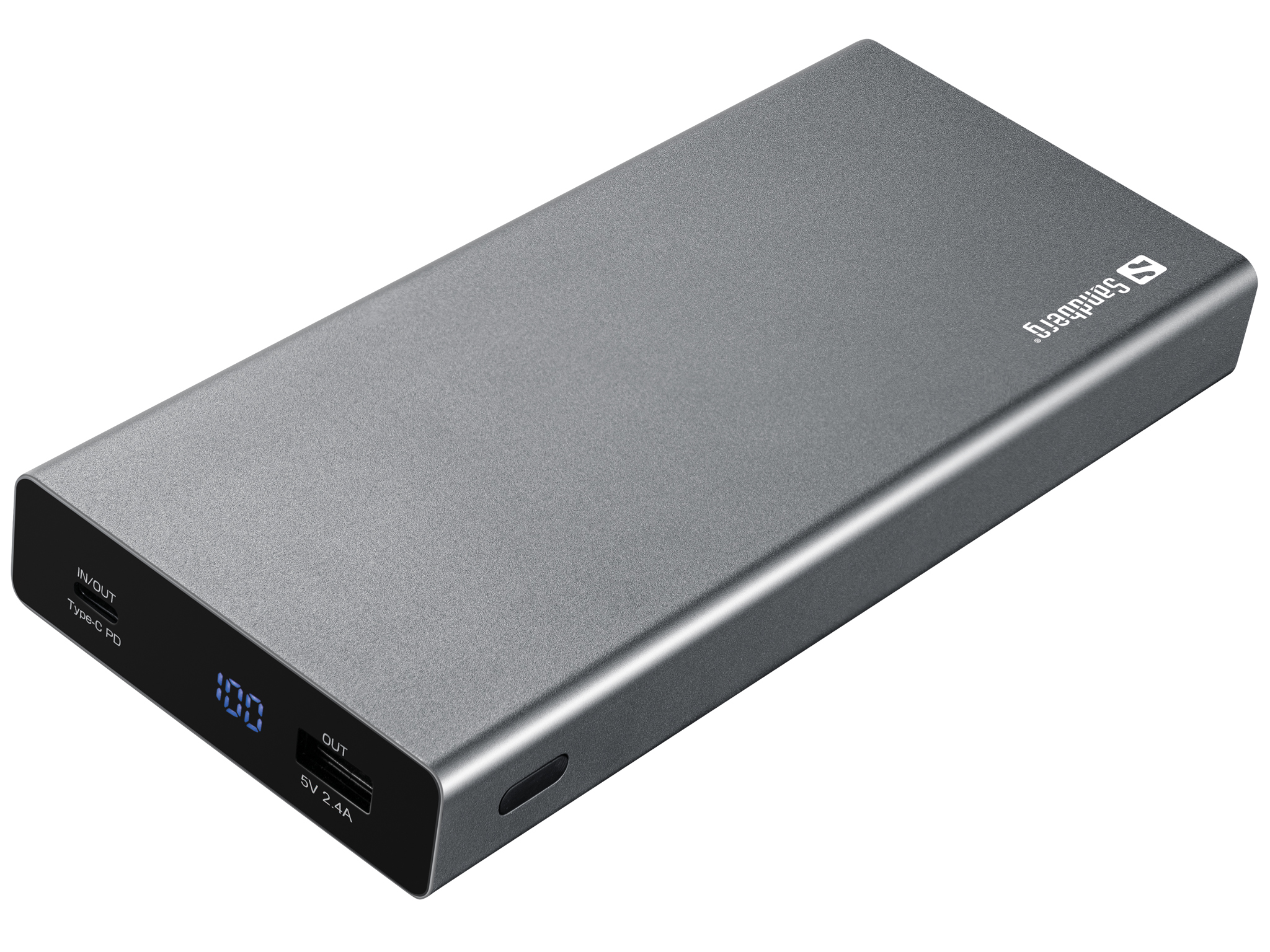 Silberne Powerbank mit Display, zeigt Akkustand.
