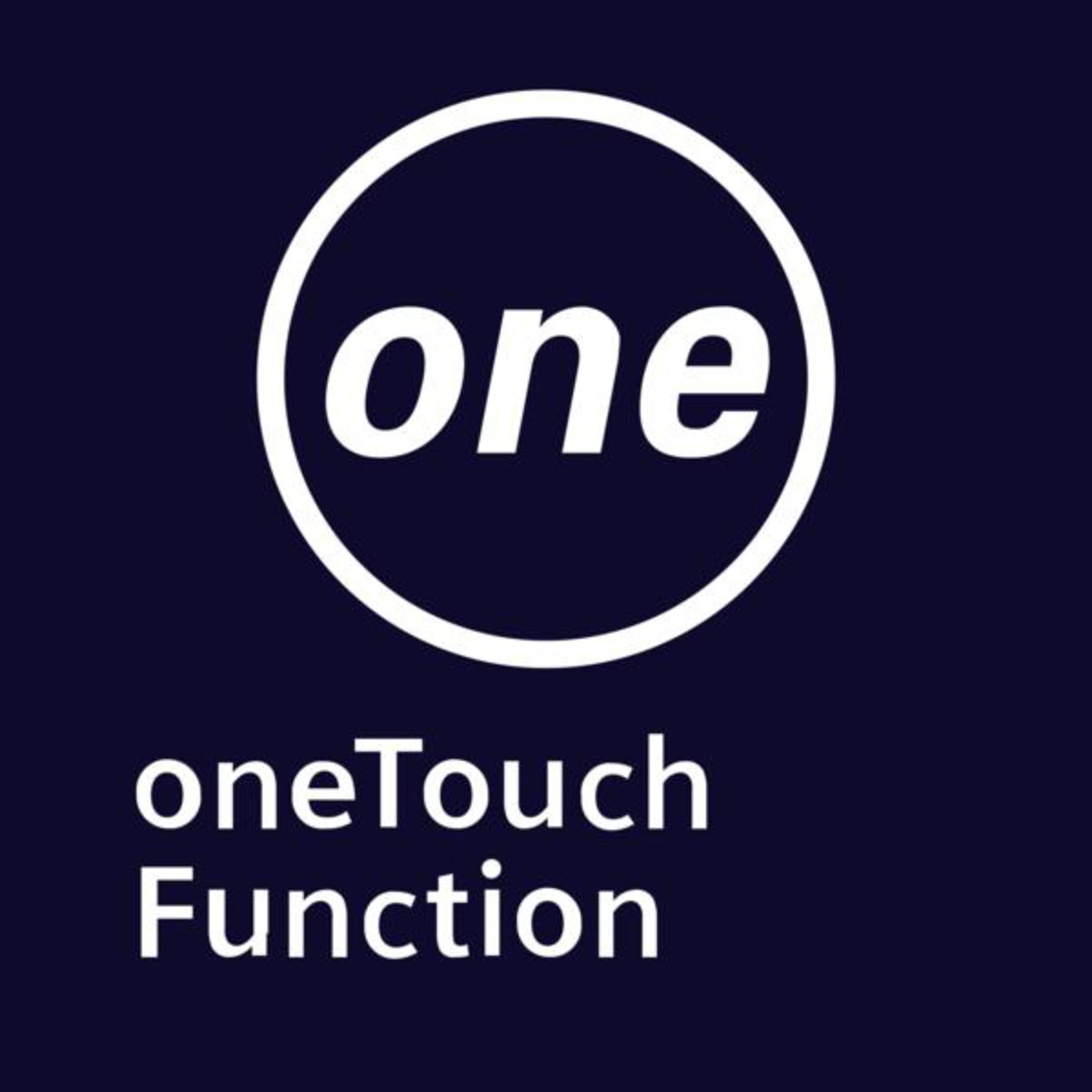 Dunkelblaues Quadrat mit weißem Kreis und dem Wort „one“. Darunter steht „oneTouch Function“.
