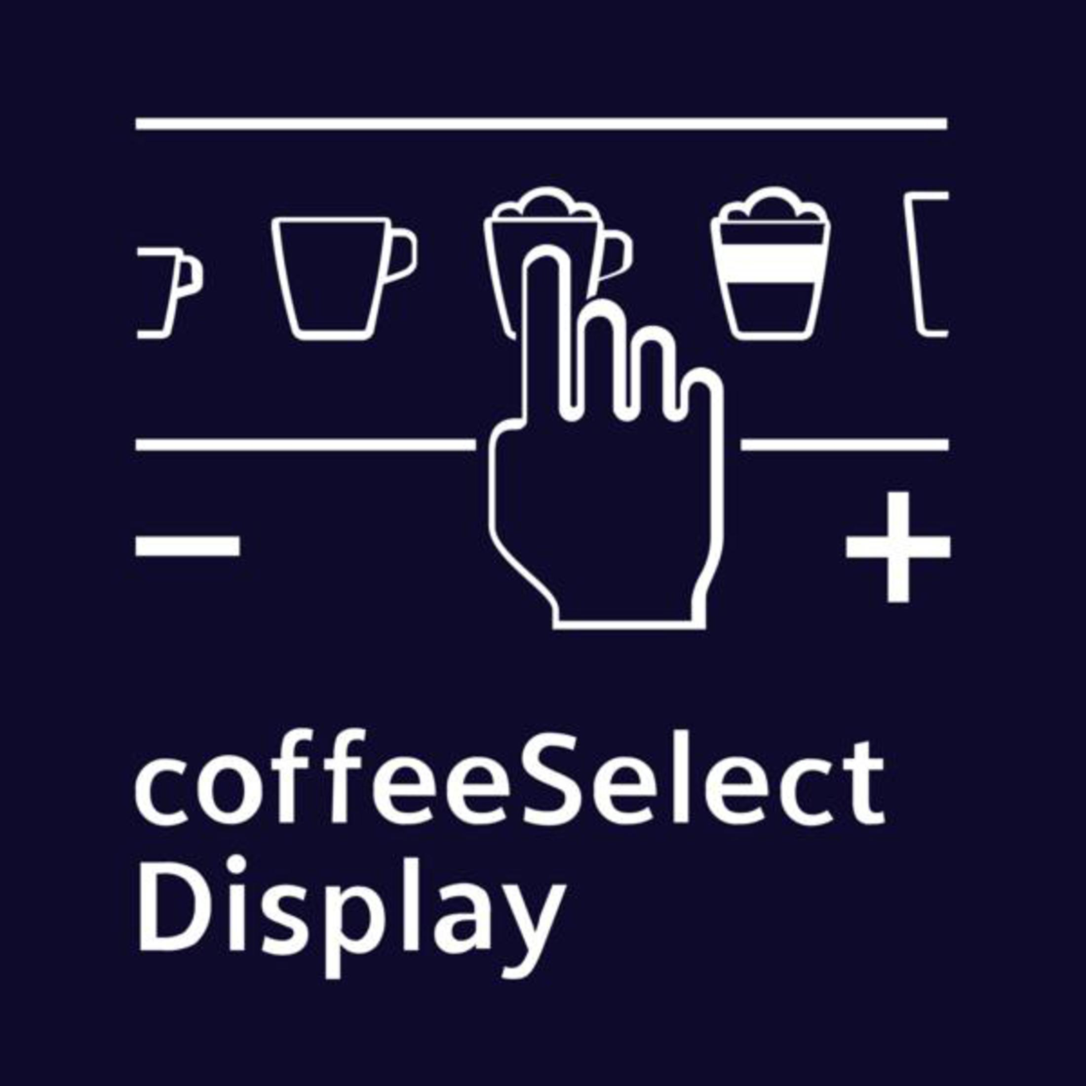Ein dunkelblauer Hintergrund mit weißen Kaffeesymbolen und Text: coffeeSelect Display.