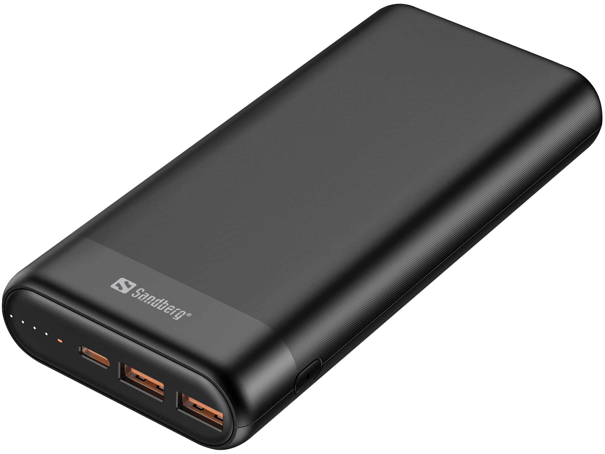 Eine schwarze Powerbank mit zwei USB-Anschlüssen. Sandberg-Logo auf der Vorderseite.