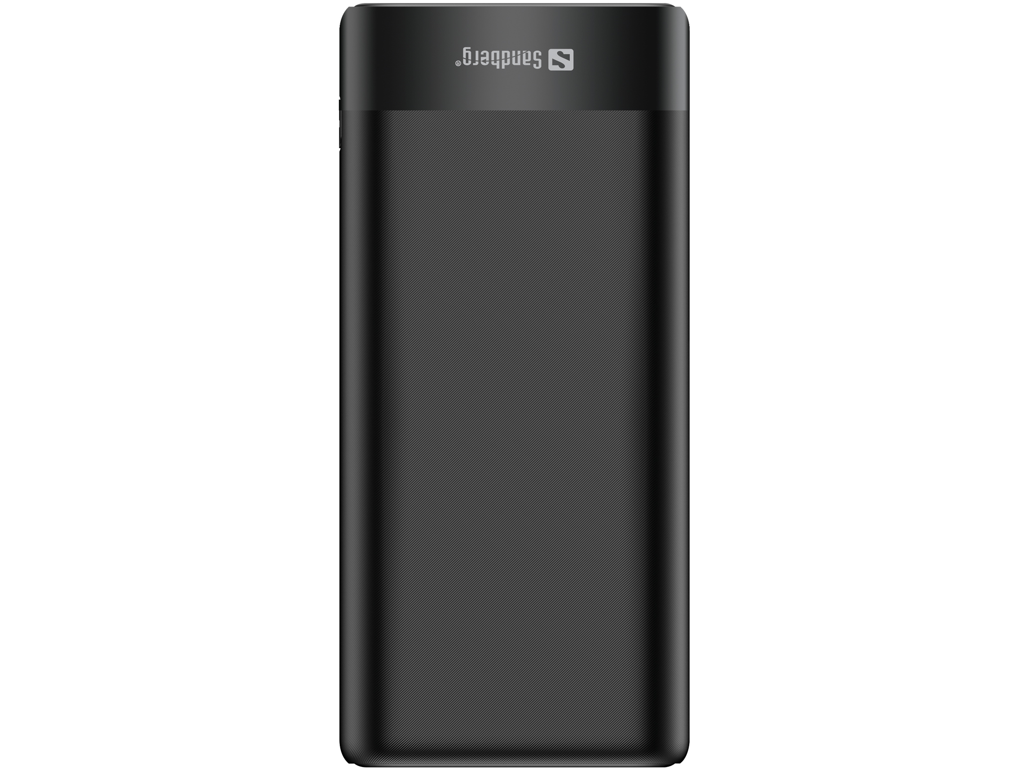 Schwarze Powerbank mit 'Sandberg'-Logo oben, glatte schwarze Oberfläche, vertikal, Studioaufnahme.