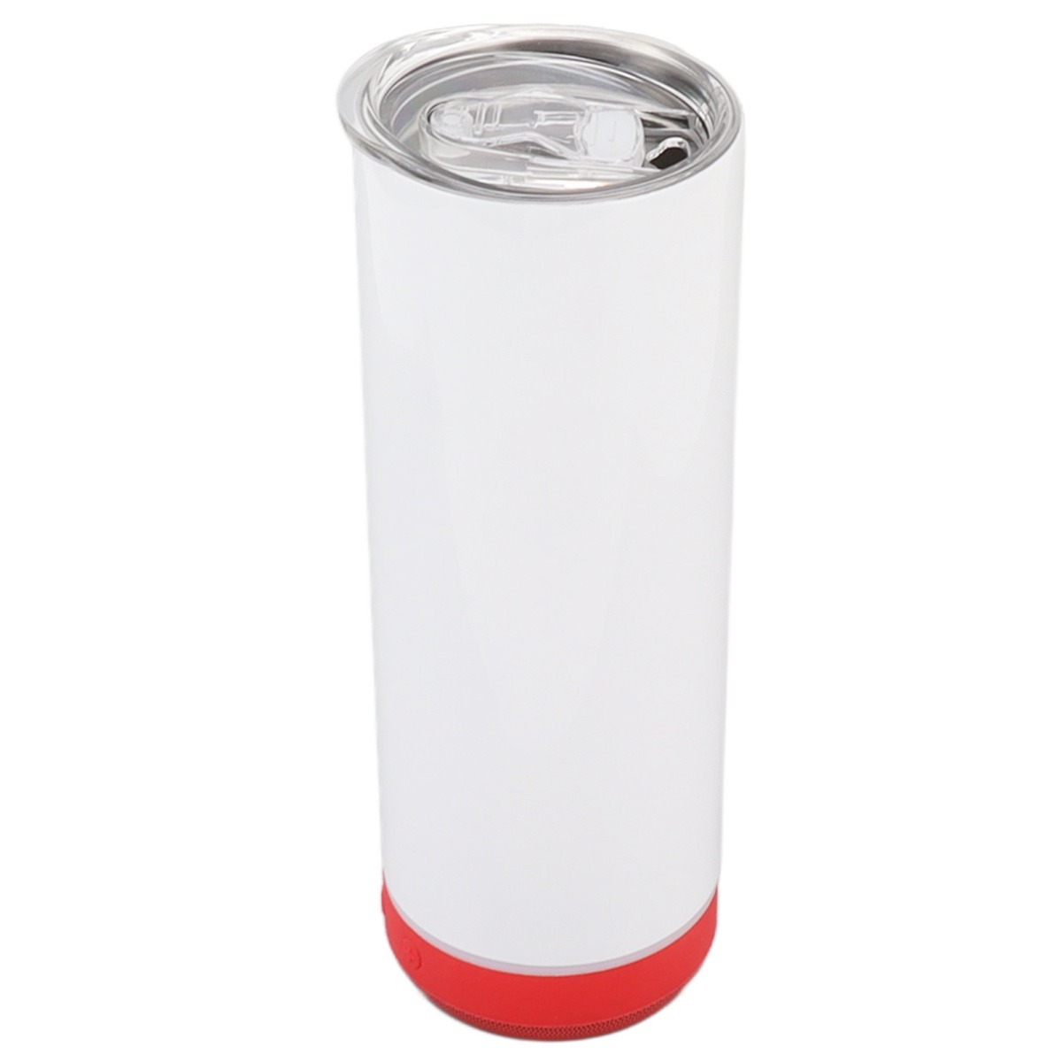 Weißer Isolierbecher mit rotem Boden. Klarer Deckel mit Schieber. Schlichtes, klares Design auf weißem Hintergrund.